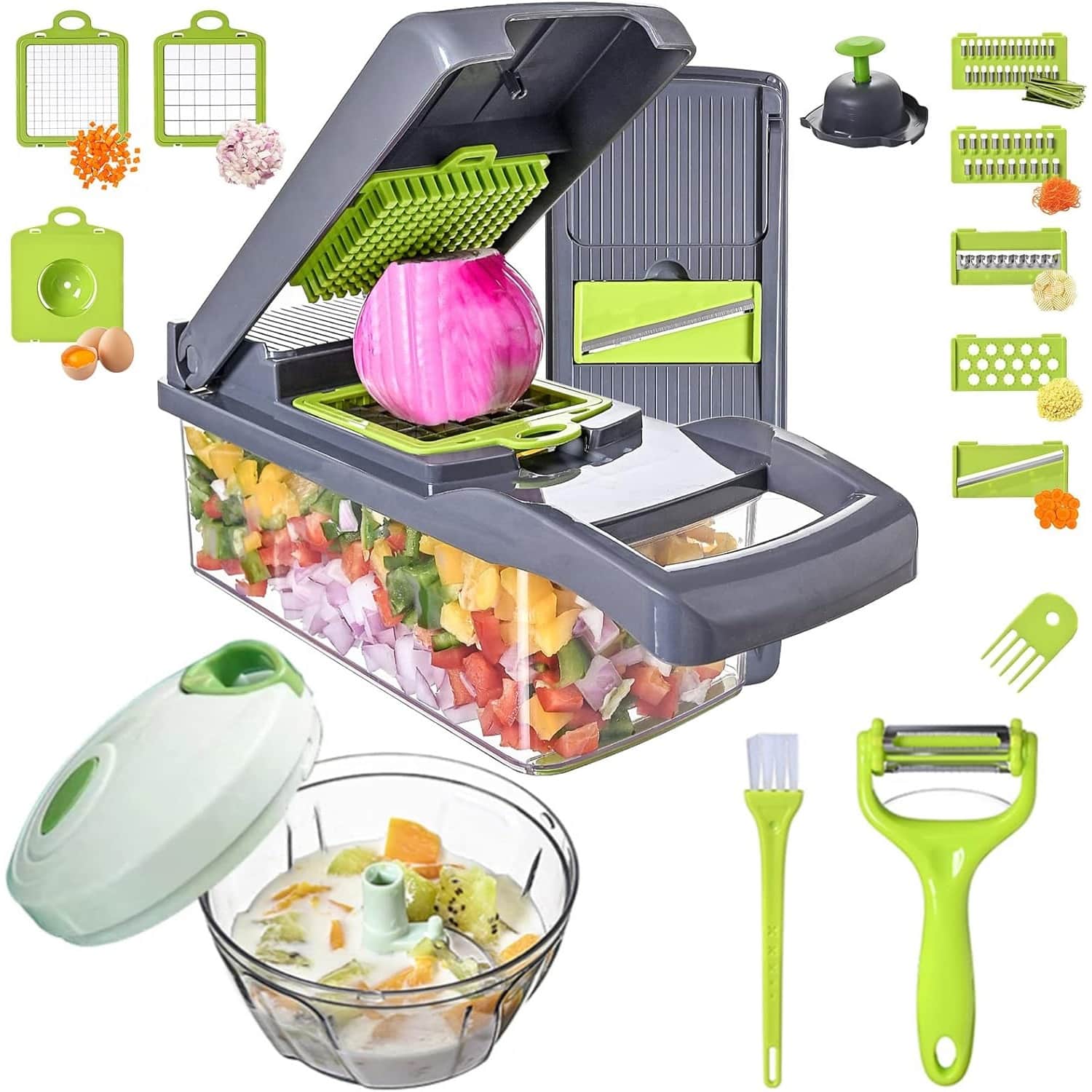 PARKER SLATER - 16-in-1 vegetable chopper slicer with 7 blades, onion dicer, fruit cutter, and spice chopper set - Grey