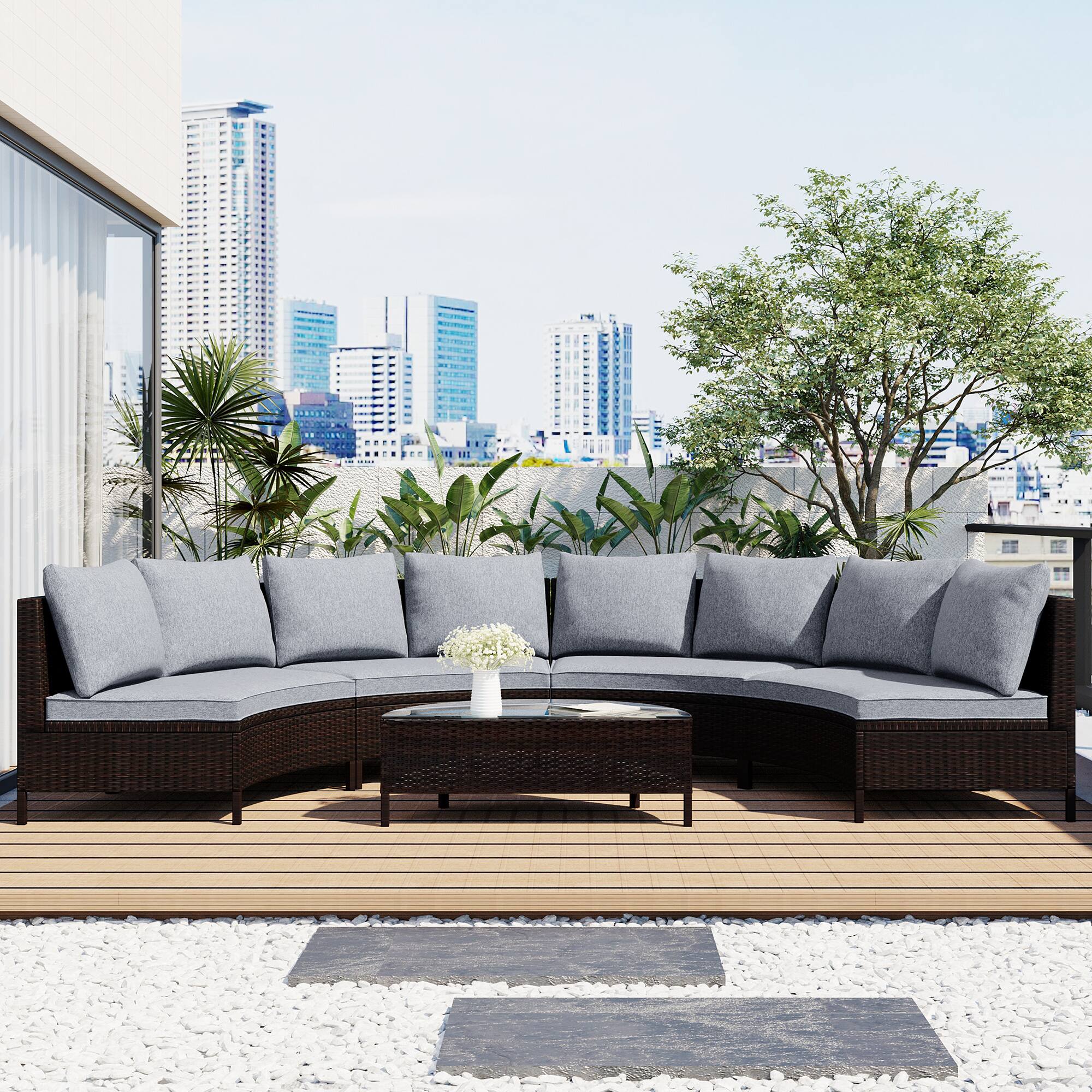 APRILSOUL - 5 Pieces All-Weather Brown PE Rattan Wicker Sofa Set Half-Moon Sofa Set with Tempered Glass Table - Gray