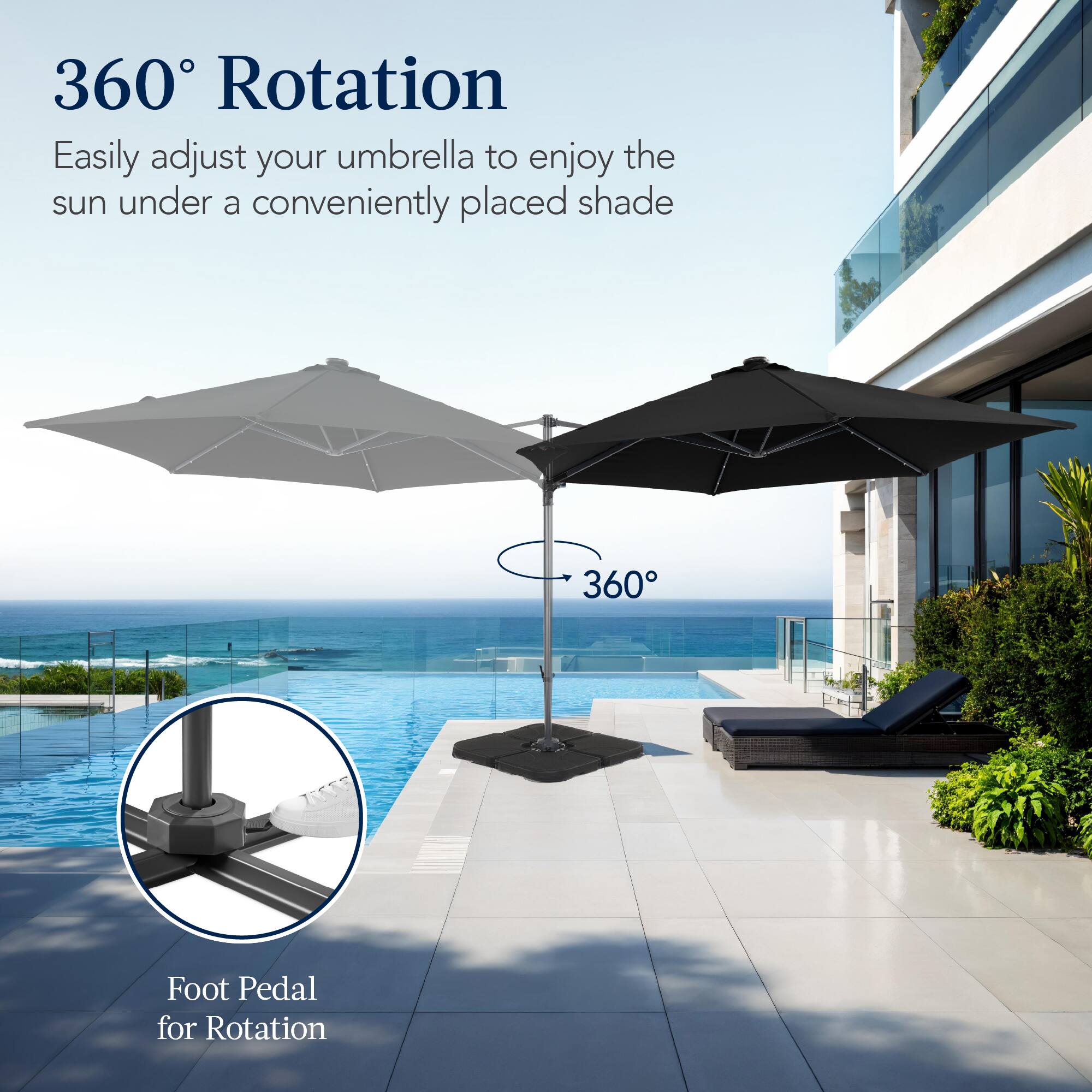 360° Rotation  
Easily adjust your umbrella to enjoy the sun under a conveniently placed shade  

Foot Pedal for Rotation