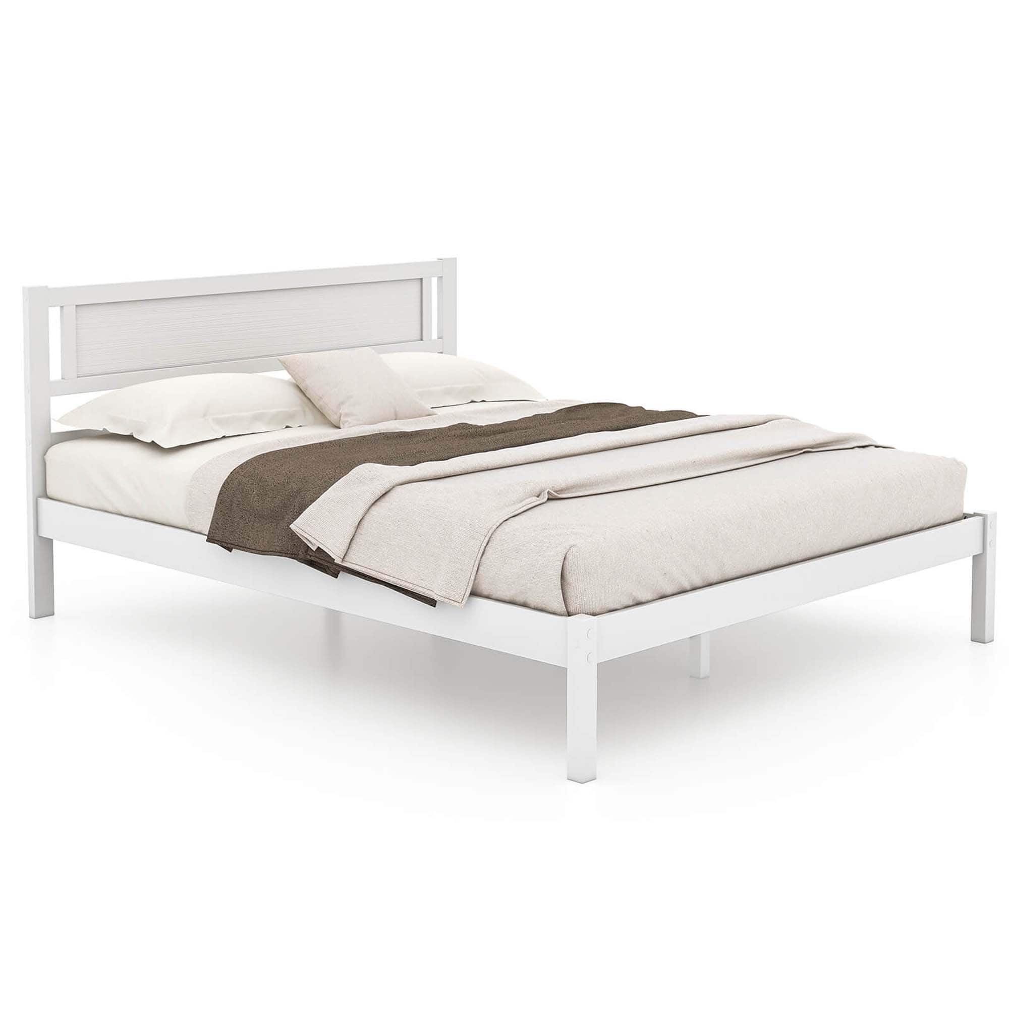Front. Costway - Queen Wooden Platform Bed with 12 Slats Headboard & Under Bed Storage - White.