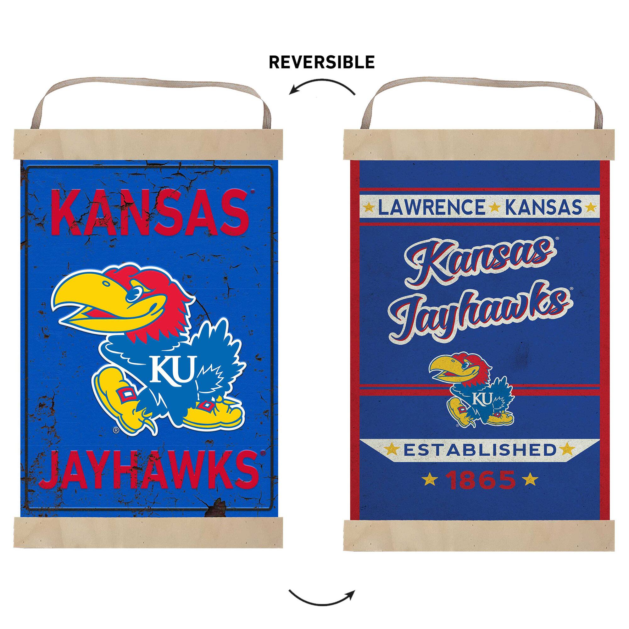 REVERSIBLE  
KANSAS  
KU  
JAYHAWKS  
ESTABLISHED 1865  

LAWRENCE  
KANSAS  
Kansas Jayhawks