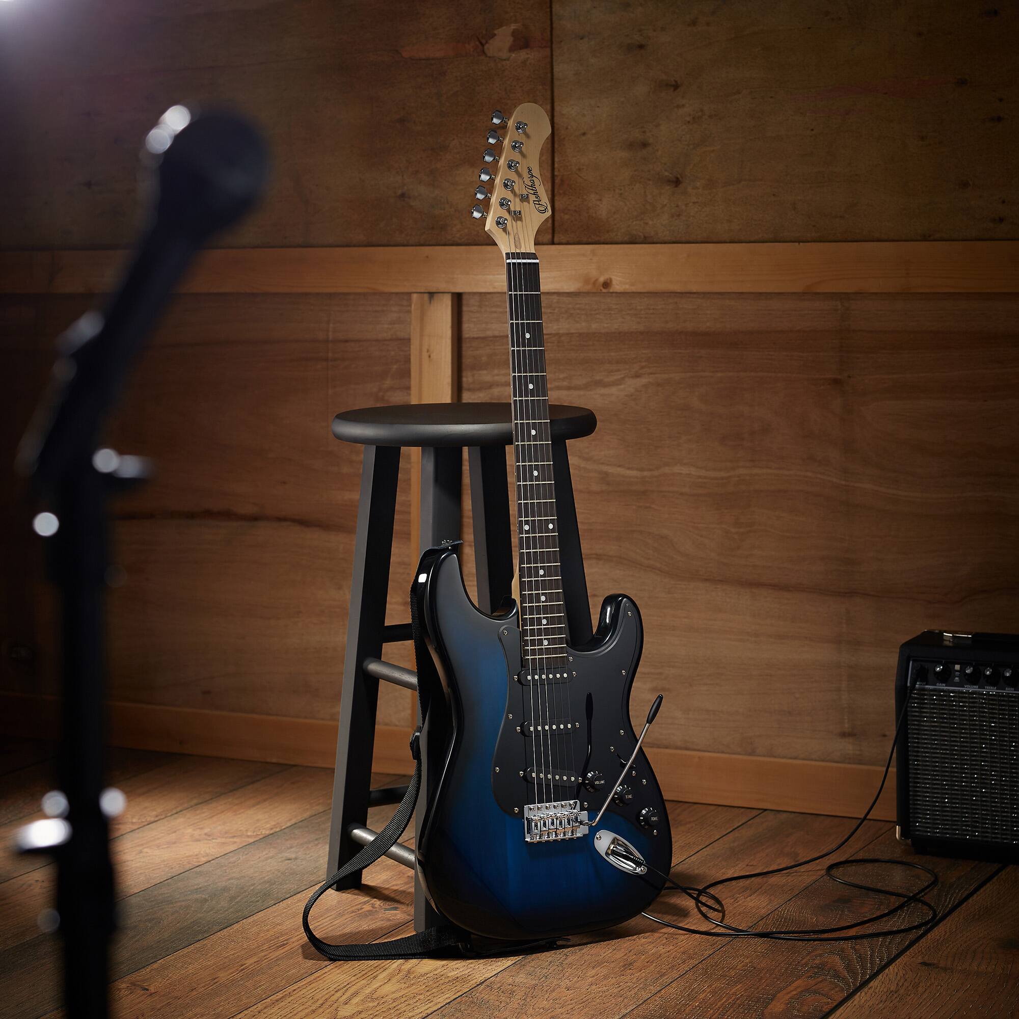 Alt View 6. Ashthorpe - 39-in Full-Size Electric Guitar Beginner Kit with Gig Bag - Blue-Black.