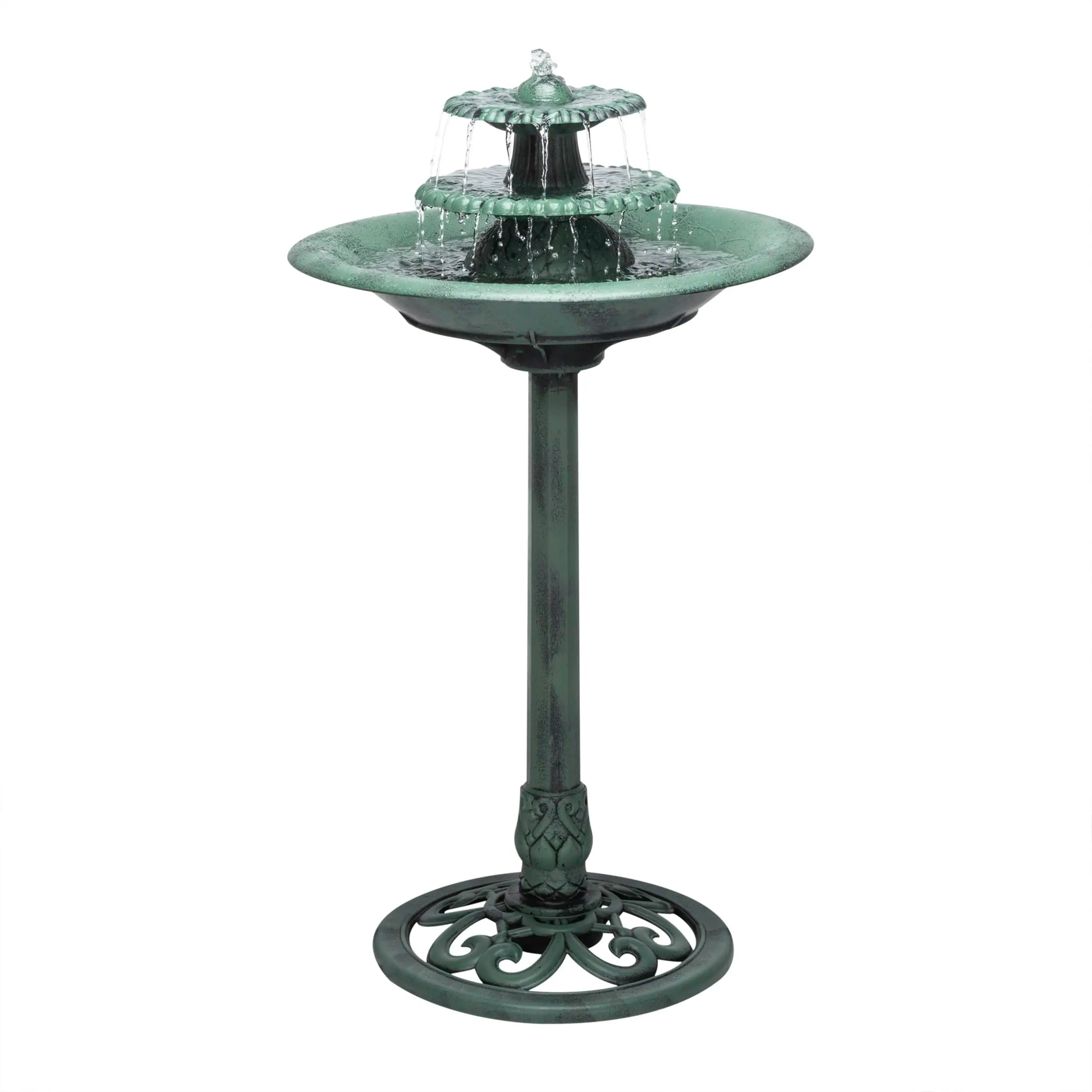 Front. Dazzed Corner - 3 Tiered Pedestal Water Fountain and Birdbath for Garden, Patio, Yard, and Deck - Green.