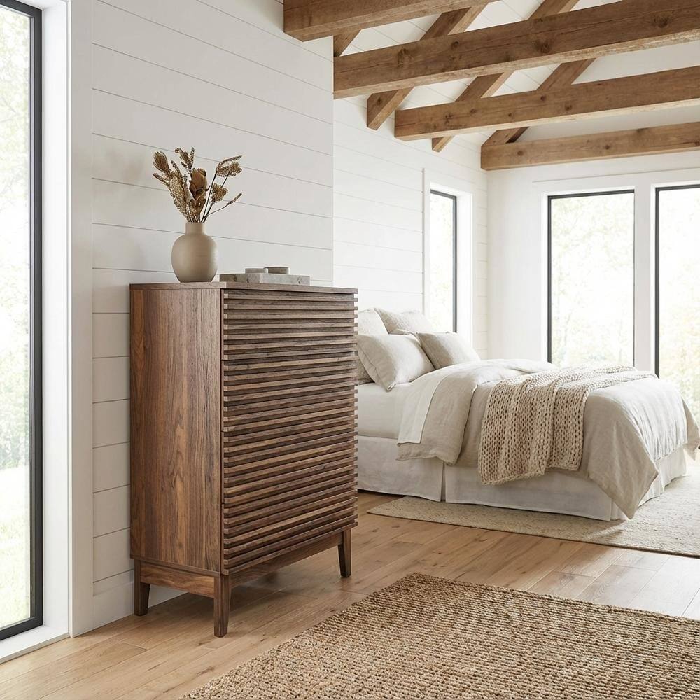 Left. FurniFact - Brown 4-Drawer Chest with Modern Design and Durable Build - Brown.