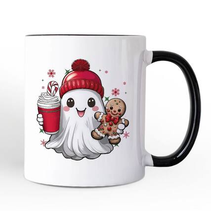 Front. OrnamentallyYou - Cute Ghost Christmas Mug, Adorable Gingerbread and Cocoa Holiday Gift - White.