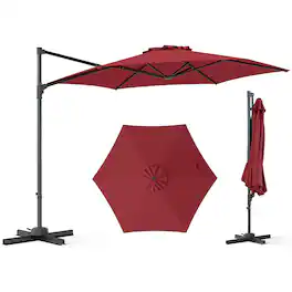 Costway - 10 FT Patio Cantilever Umbrella with 360° Rotation, Air Vent, Cross Base Included - Red