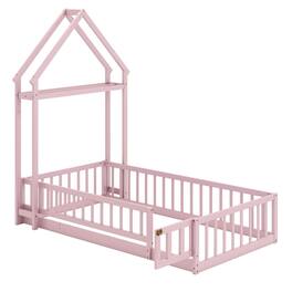 Costway - Twin Size House Floor Bed with House-shaped Headboard Clothes Hanger without Slats - Pink