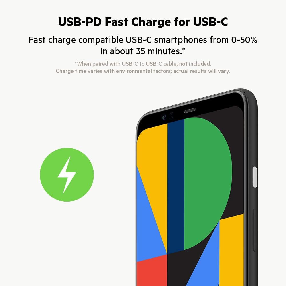 USB-PD Fast Charge for USB-C: Fast charge compatible USB-C smartphones from 0-50% in about 35 minutes. Charge time varies with environmental factors; actual results will vary.