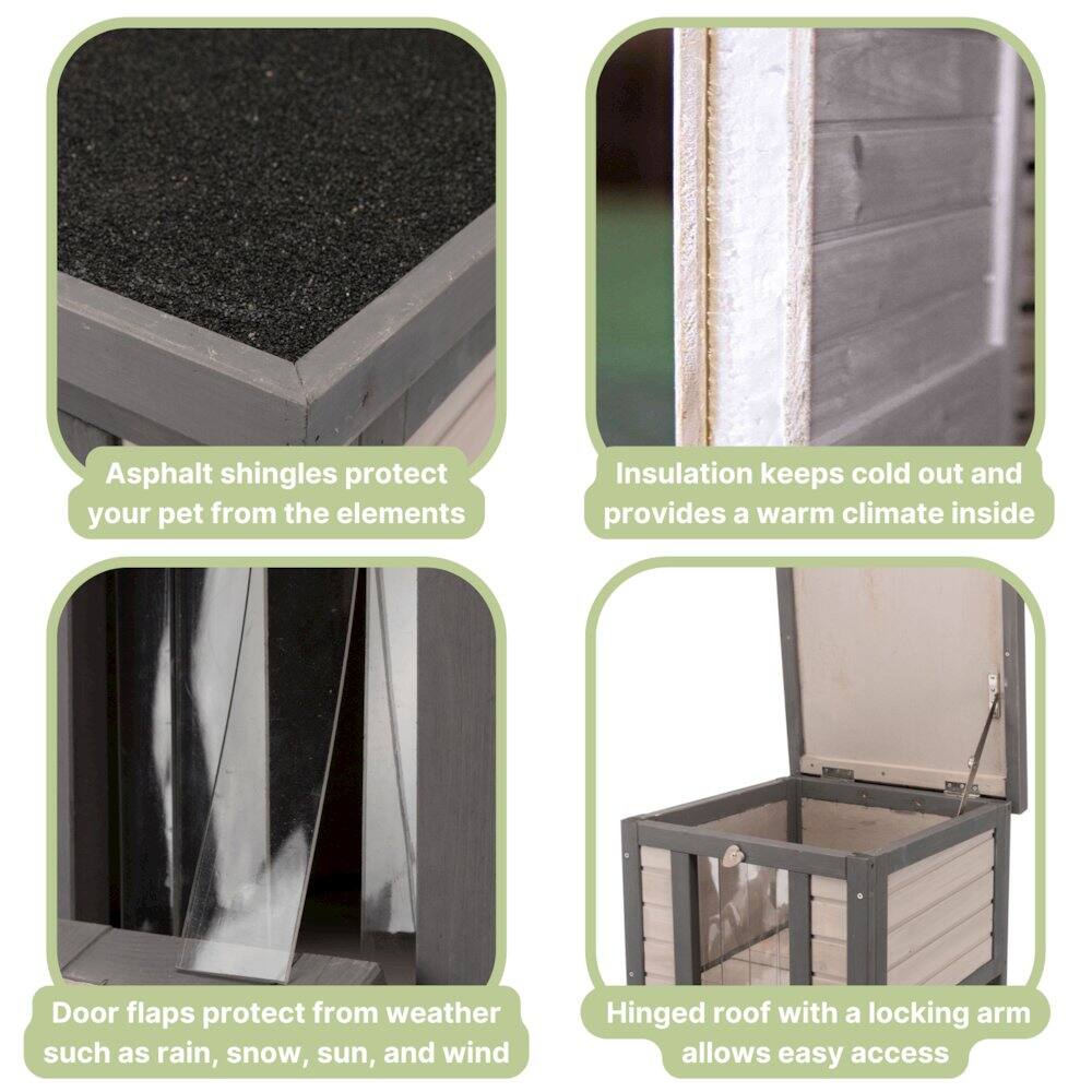 Asphalt shingles protect your pet from the elements  
Insulation keeps cold out and provides a warm climate inside  
Door flaps protect from weather such as rain, snow, sun, and wind  
Hinged roof with a locking arm allows easy access