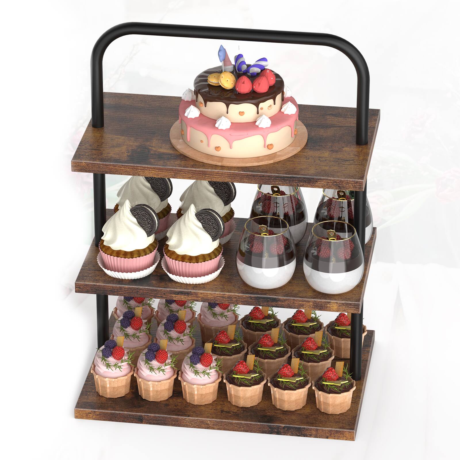 Alt View 1. Oumilen - 3-Tier Rectangular Cupcake Display Stand, Rustic Wood Metal Dessert Serving Tray - Brown.