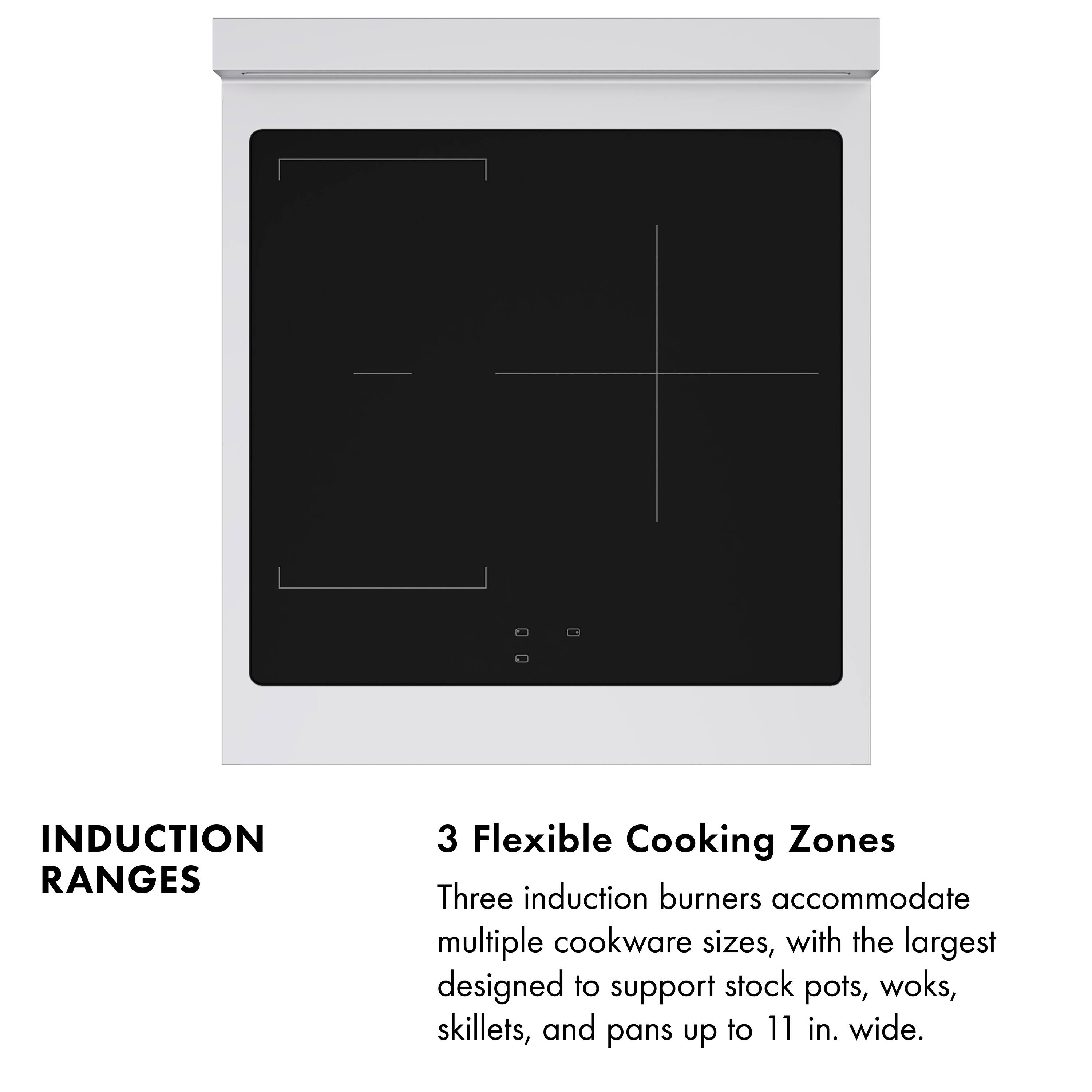 INDUCTION RANGES

3 Flexible Cooking Zones

Three induction burners accommodate multiple cookware sizes, with the largest designed to support stock pots, woks, skillets, and pans up to 11 in. wide.