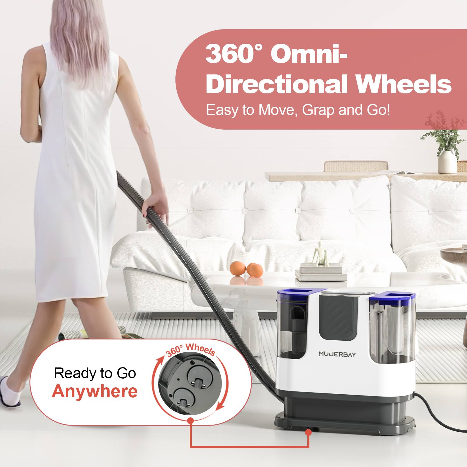 360° Omni-Directional Wheels  
Easy to Move, Grab and Go!  

Ready to Go Anywhere  

360° Wheels