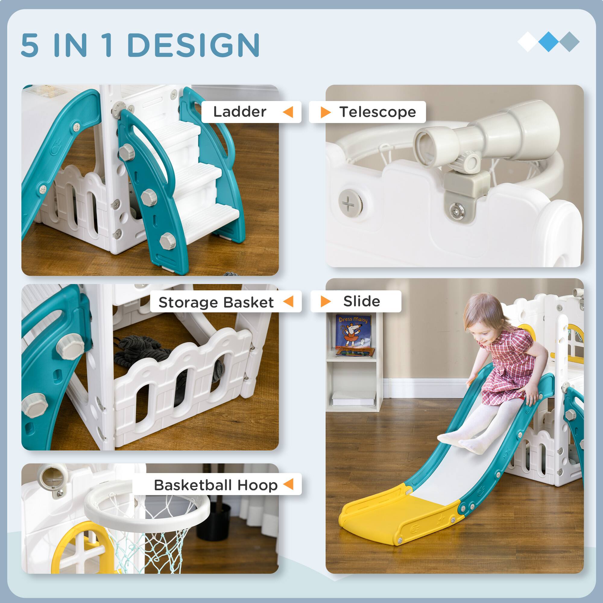 5 IN 1 DESIGN

- Ladder
- Telescope
- Storage Basket
- Slide
- Basketball Hoop