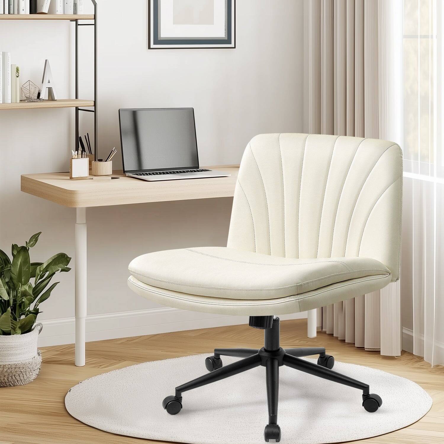 Left. Neo Chair - Criss Cross Chair with Wheels, Armless Cross-Legged Office Desk Chair, PU Leather Rolling Vanity Chair for Home Office - Leather-Ivory.