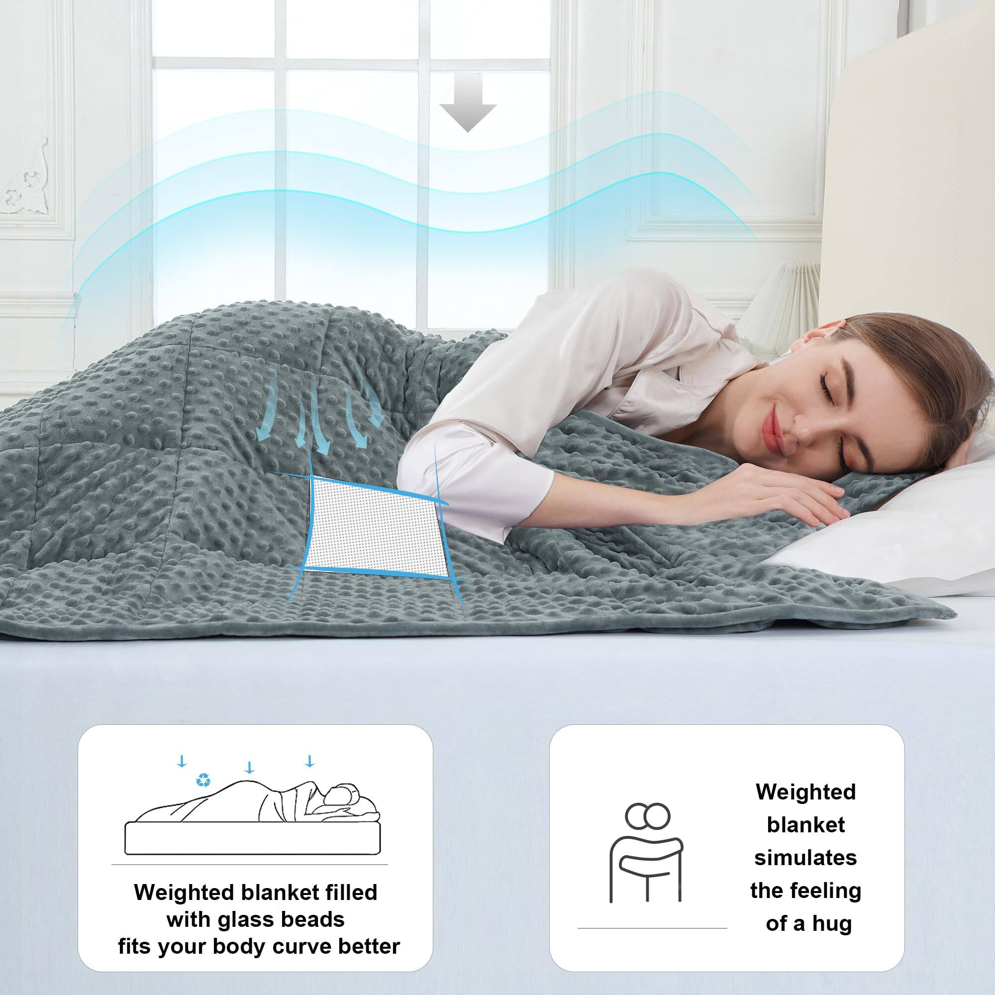 Weighted blanket filled with glass beads fits your body curve better.

Weighted blanket simulates the feeling of a hug.