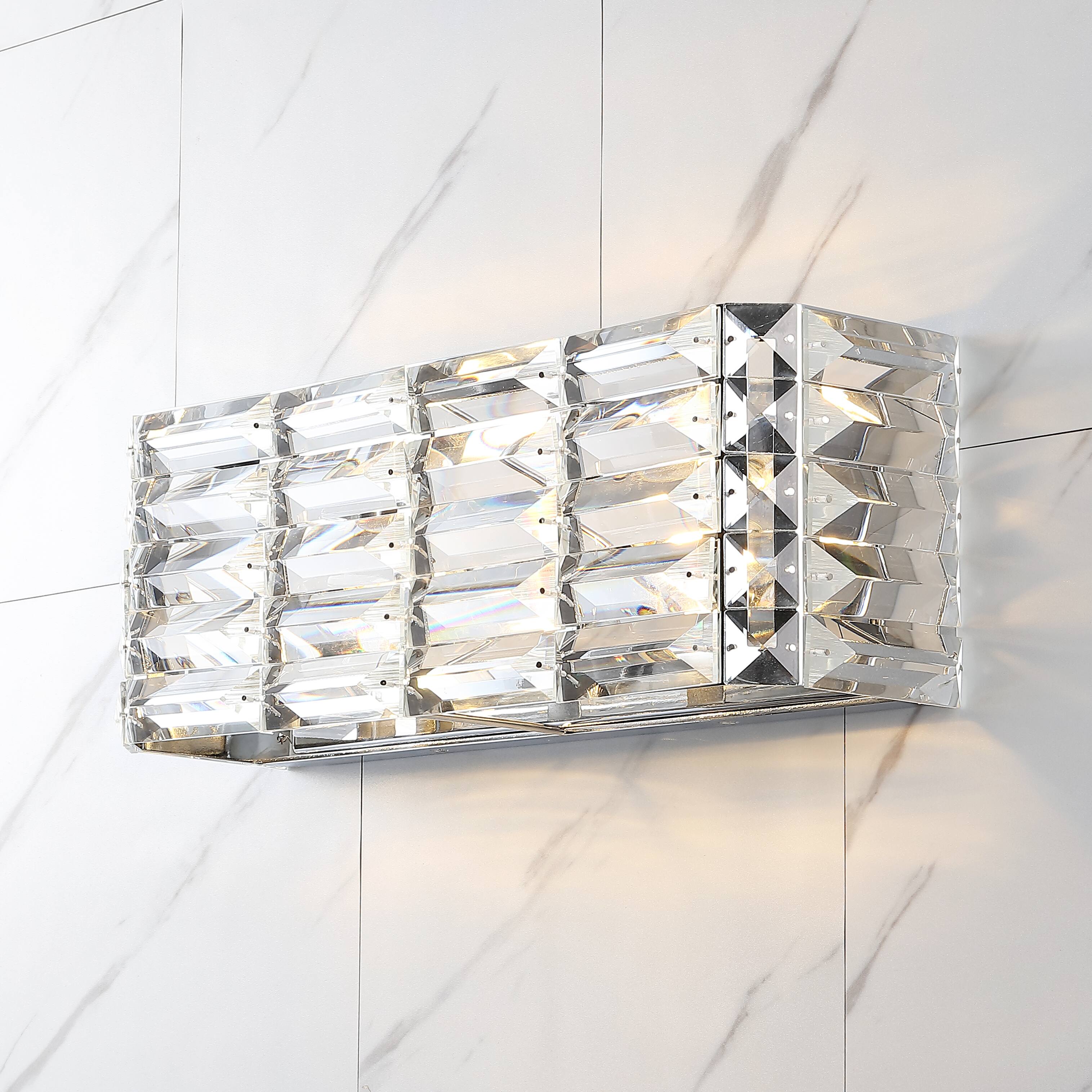 Alt View 1. Jonathan Y - Evelyn Crystal Rectangle 17.5" 2-Light Iron/Crystal Glam Modern LED Vanity Light, Chrome - Chrome.