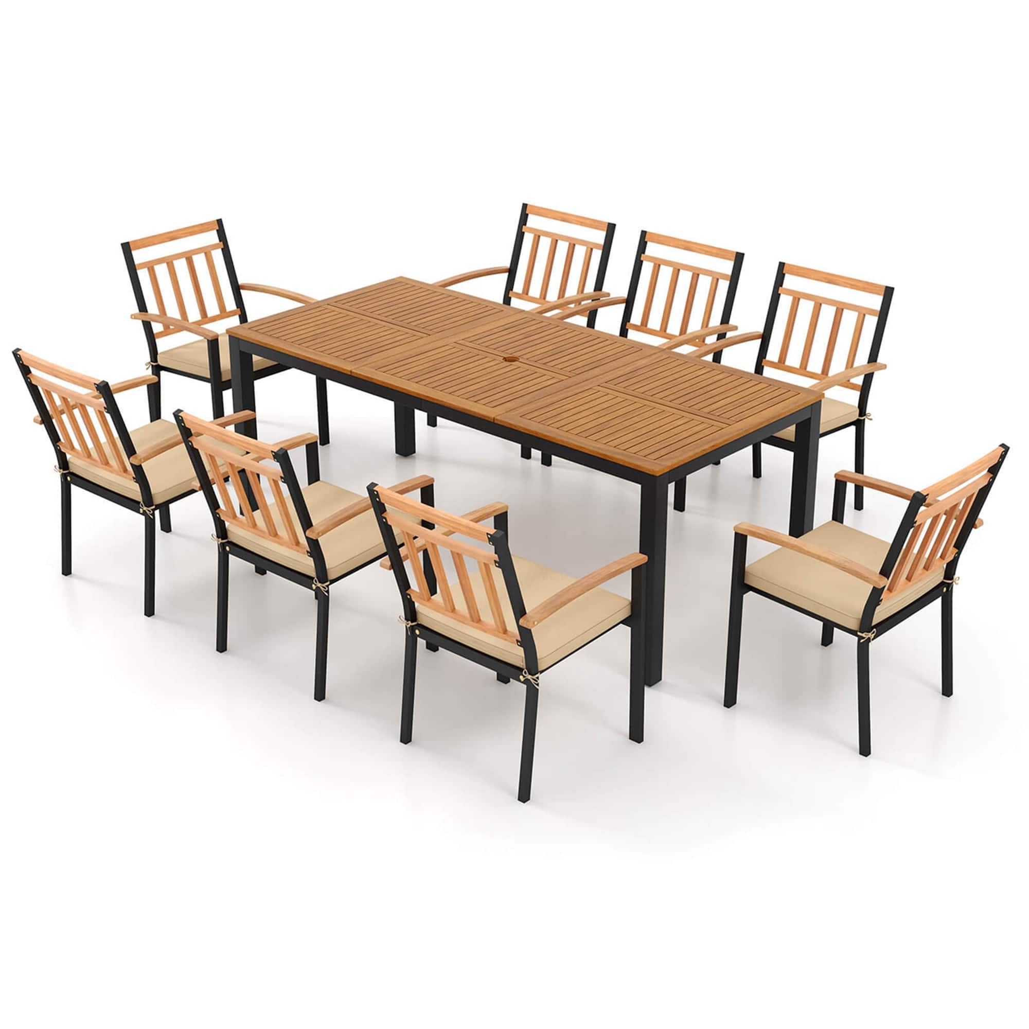 Costway - 9 PCS Outdoor Dining Table & Chairs Set Table with Acacia Wood Top Umbrella Hole - Natural