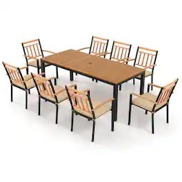 Costway - 9 PCS Outdoor Dining Table & Chairs Set Table with Acacia Wood Top Umbrella Hole - Natural