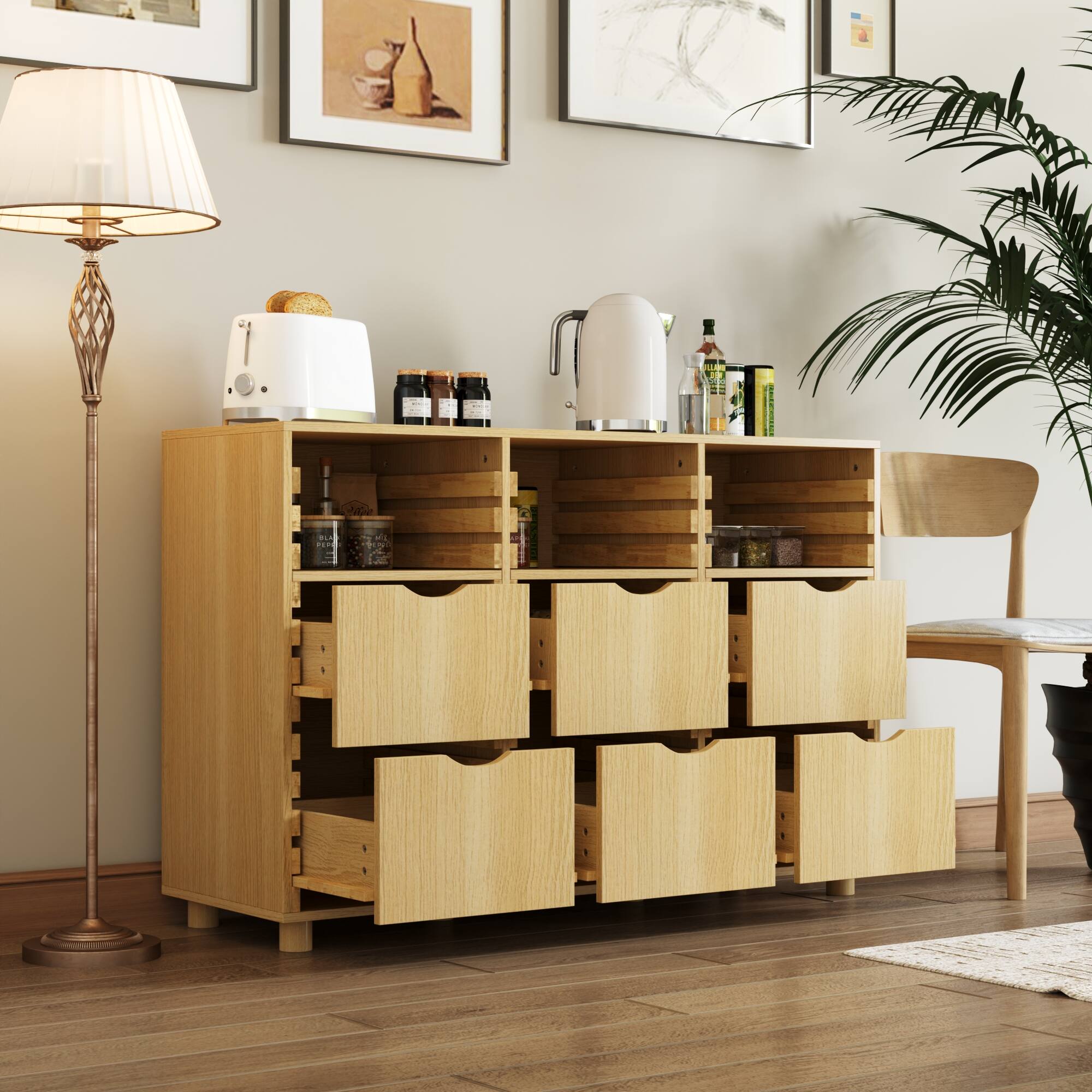 Angle. Famapy - Wooden Credenzas Kitchen Storage Sideboard with Customizable Drawers - Wooden.