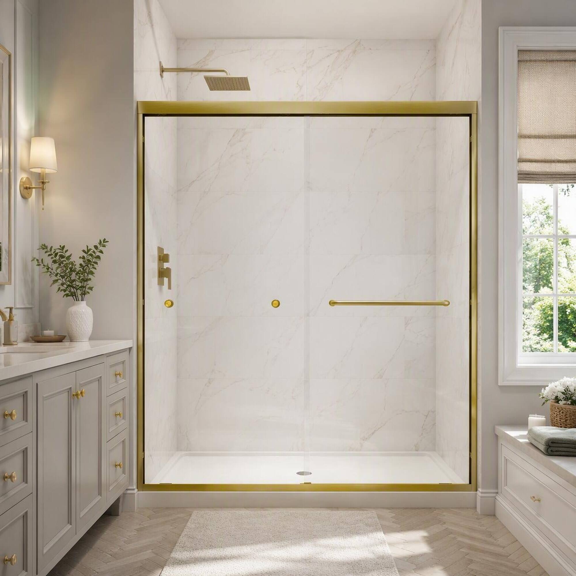Angle. RYHNUYNE - 55-60" W X 72" H Brushed Gold Double Bypass Sliding Shower Door With 1/4" Tempered Glass, Nano Safety Film - Brushed Gold.