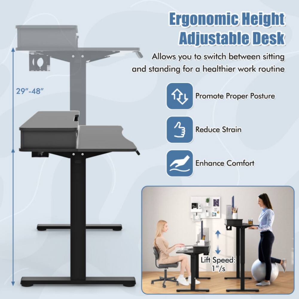 Ergonomic Height Adjustable Desk

Allows you to switch between sitting and standing for a healthier work routine

- Promote Proper Posture
- Reduce Strain
- Enhance Comfort

Lift Speed: 1"/s

Height Range: 29" - 48"
