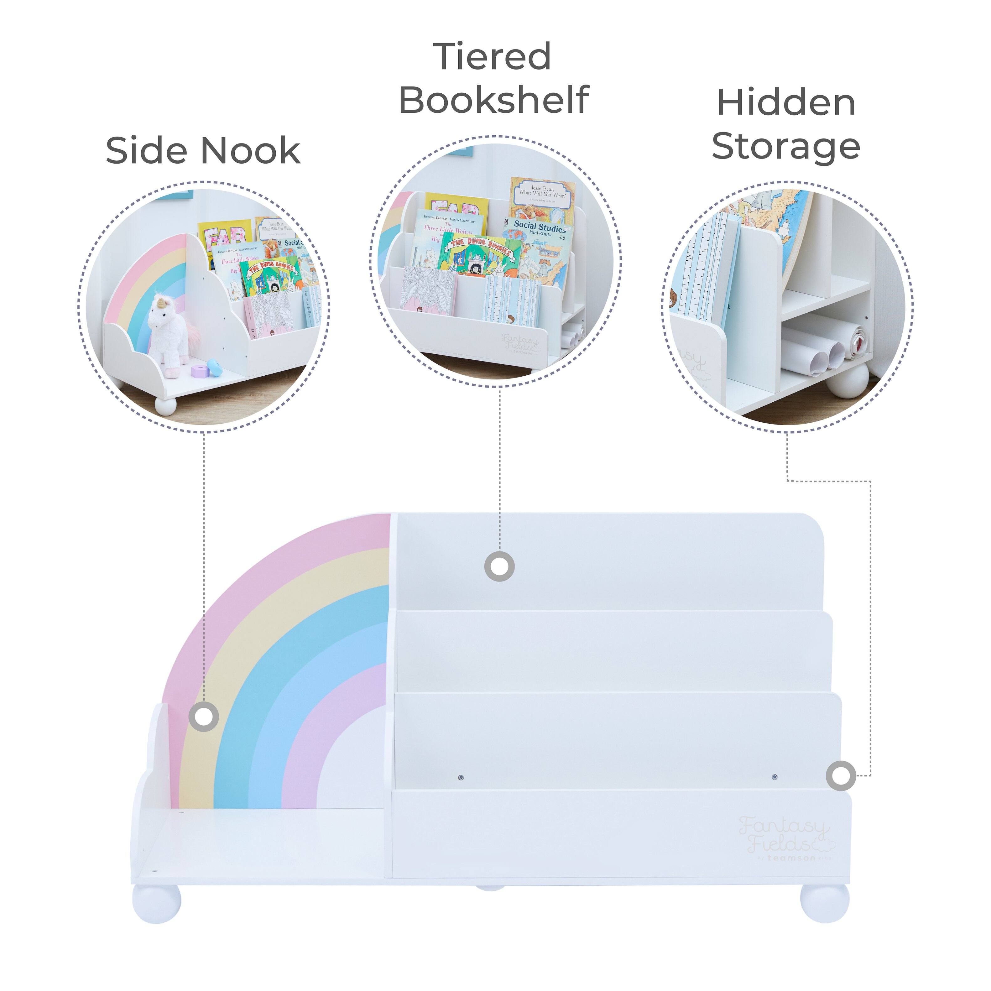 Side Nook  
Tiered Bookshelf  
Hidden Storage  

STORES  
Social: - - - -  
Text Call The WT juing TOMA  
than - - 1 The Social Thine  
Todoce Studit Kit. - 8g 4g THE puma BUNNERS  
solasy Feldst  
e  
R  

Fantasy Fieldst  
teamson.com