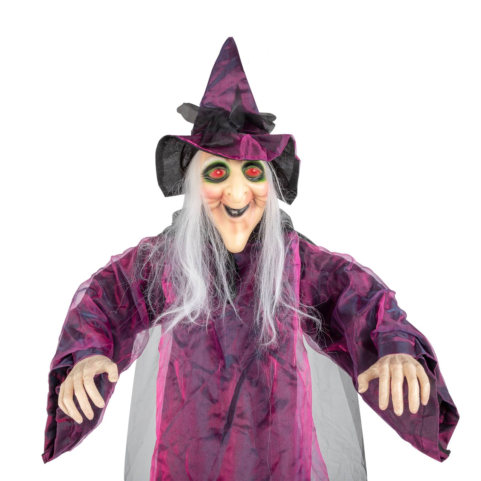 Angle. Sunoyar - 71" Life Size Hanging Witch Decoration, Animated Talking Halloween Prop with Sound, Indoor/Outdoor Haunted House Decor - Purple.