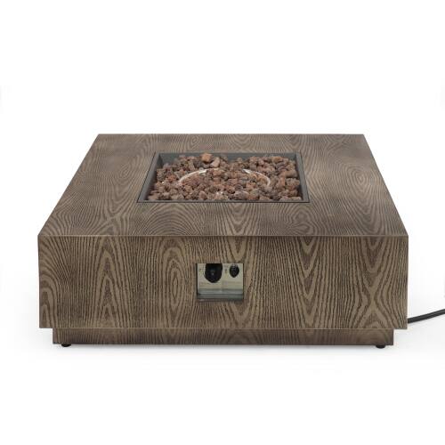 Left. Siljoy - WELLINGTON SQUARE IRON WOOD PATTERN FIRE PIT -50,000 BTU Tank outside.