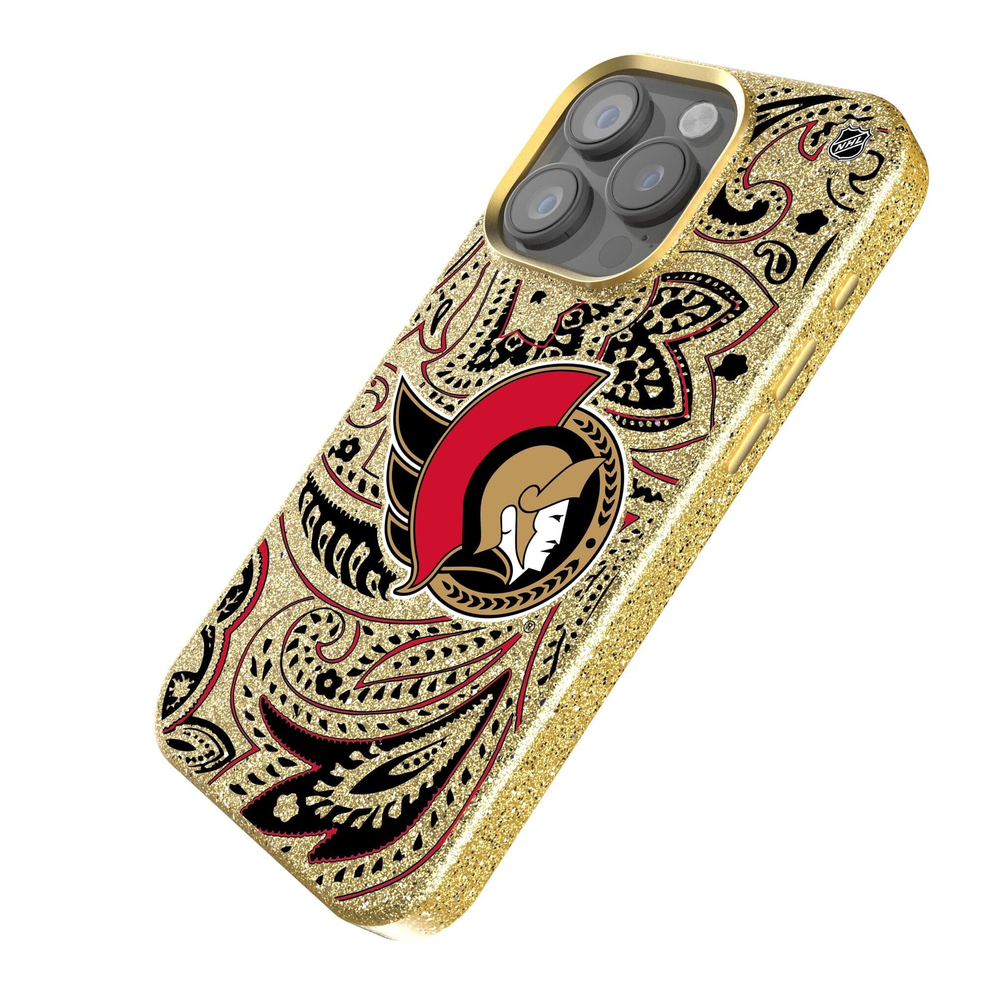 Alt View 1. Keyscaper - Gold Ottawa Senators Paisley Bling iPhone Case - 15 Plus - Gold.