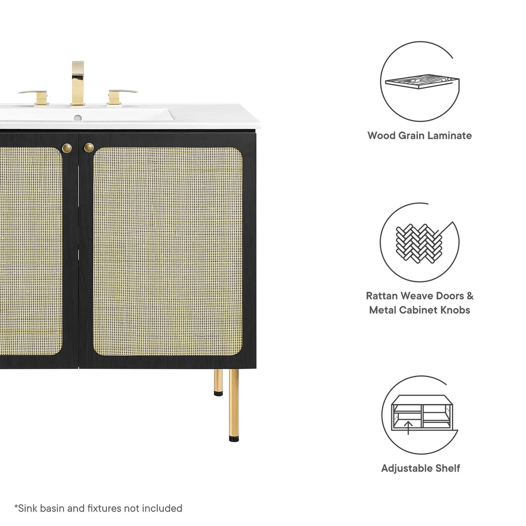 Wood Grain Laminate Rattan Weave Doors & Metal Cabinet Knobs Adjustable Shelf  
*Sink basin and fixtures not included