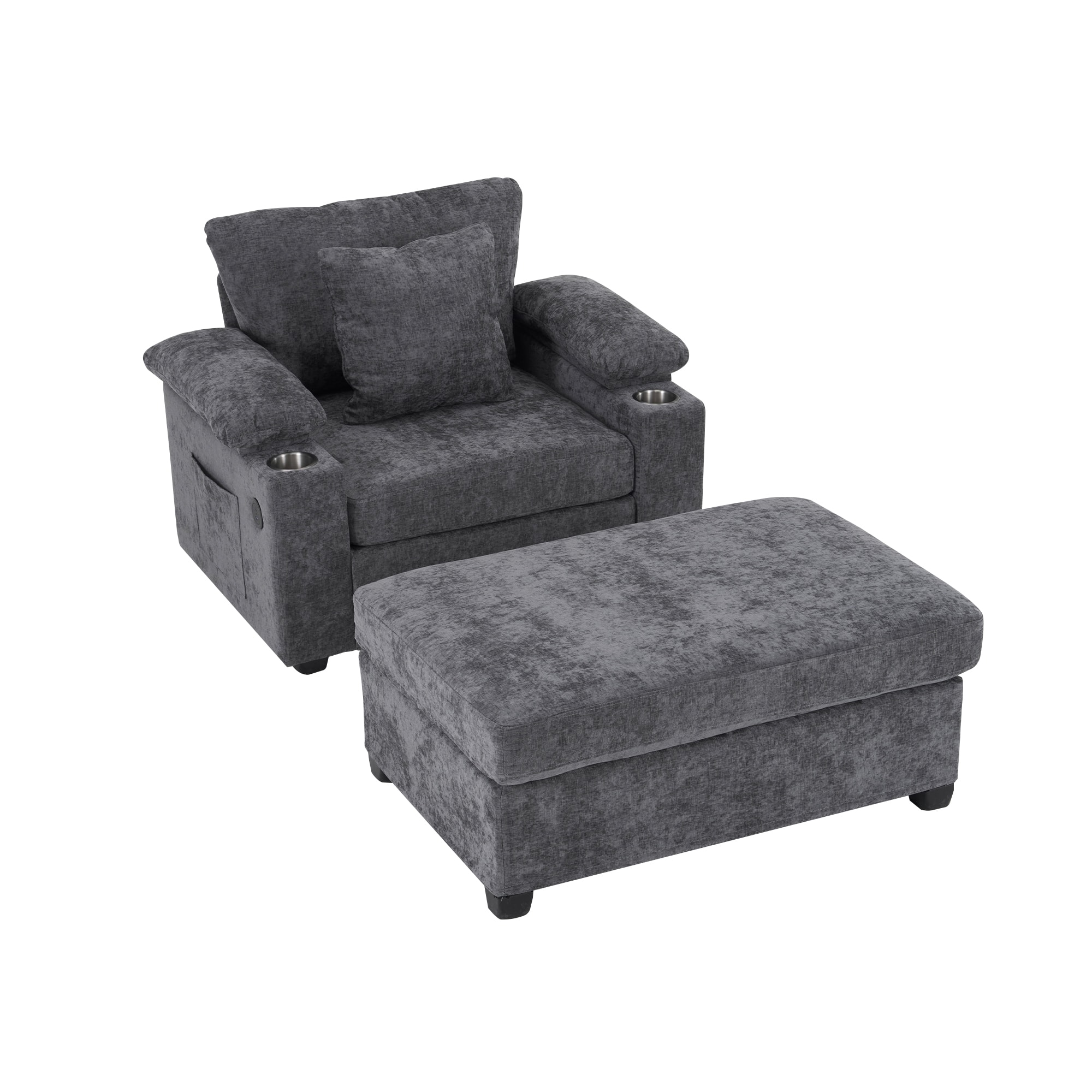 Ecooso - Oversized Chair with Ottoman, Chenille Fabric Sofa Bed, Accent Chair with Cupholders and USB Charging Ports - Dark Gray