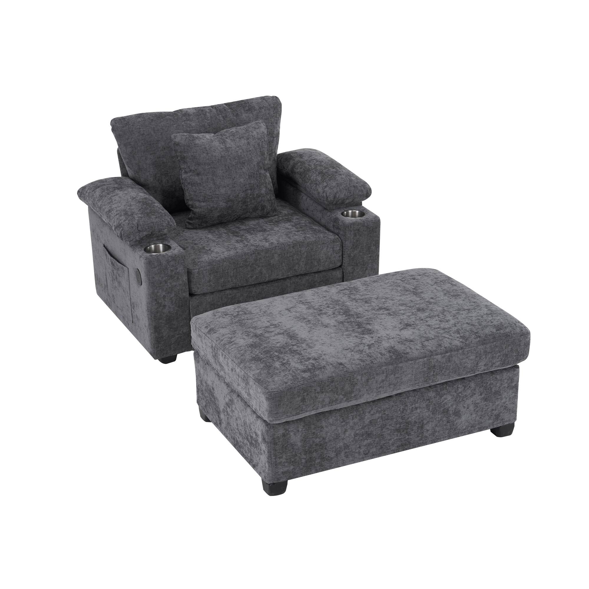 Ecooso - Oversized Chair with Ottoman, Chenille Fabric Sofa Bed, Accent Chair with Cupholders and USB Charging Ports - Dark Gray