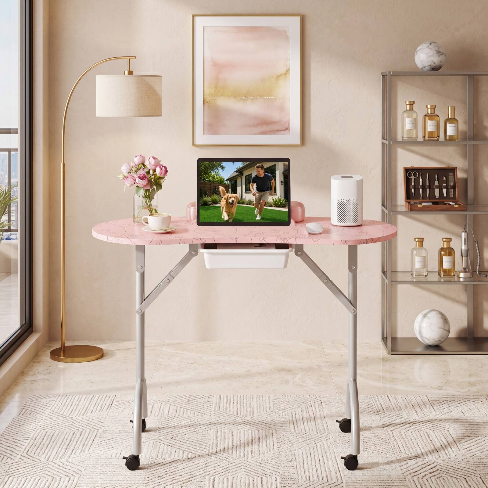 Alt View 4. Costway - Costway Portable Foldable Manicure Table with 4 Lockable Wheels Drawer Bag Wrist Rest - Pink.