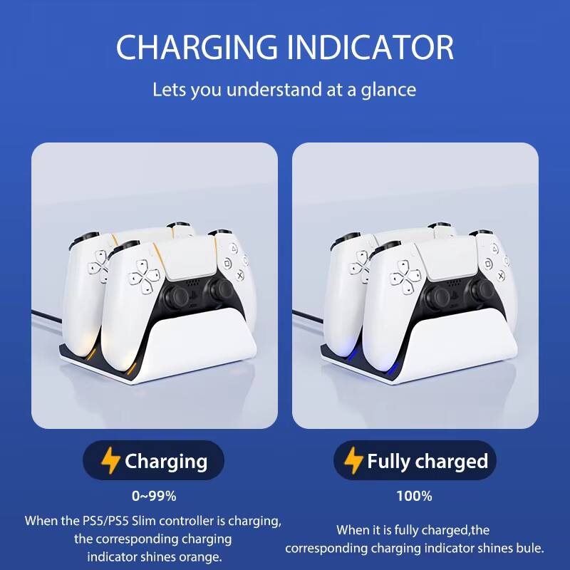 CHARGING INDICATOR  
Lets you understand at a glance  

**Charging**  
0~99%  
When the PS5/PS5 Slim controller is charging, the corresponding charging indicator shines orange.  

**Fully charged**  
100%  
When it is fully charged, the corresponding charging indicator shines blue.
