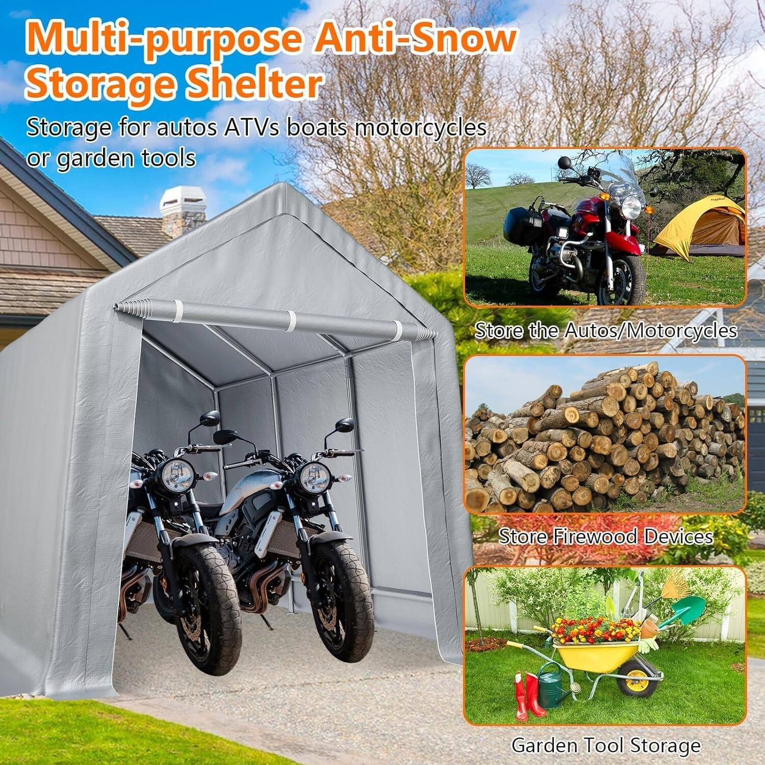 Multi-purpose Anti-Snow Storage Shelter

Storage for autos, ATVs, boats, motorcycles, or garden tools

- Store the Autos/Motorcycles
- Store Firewood Devices
- Garden Tool Storage