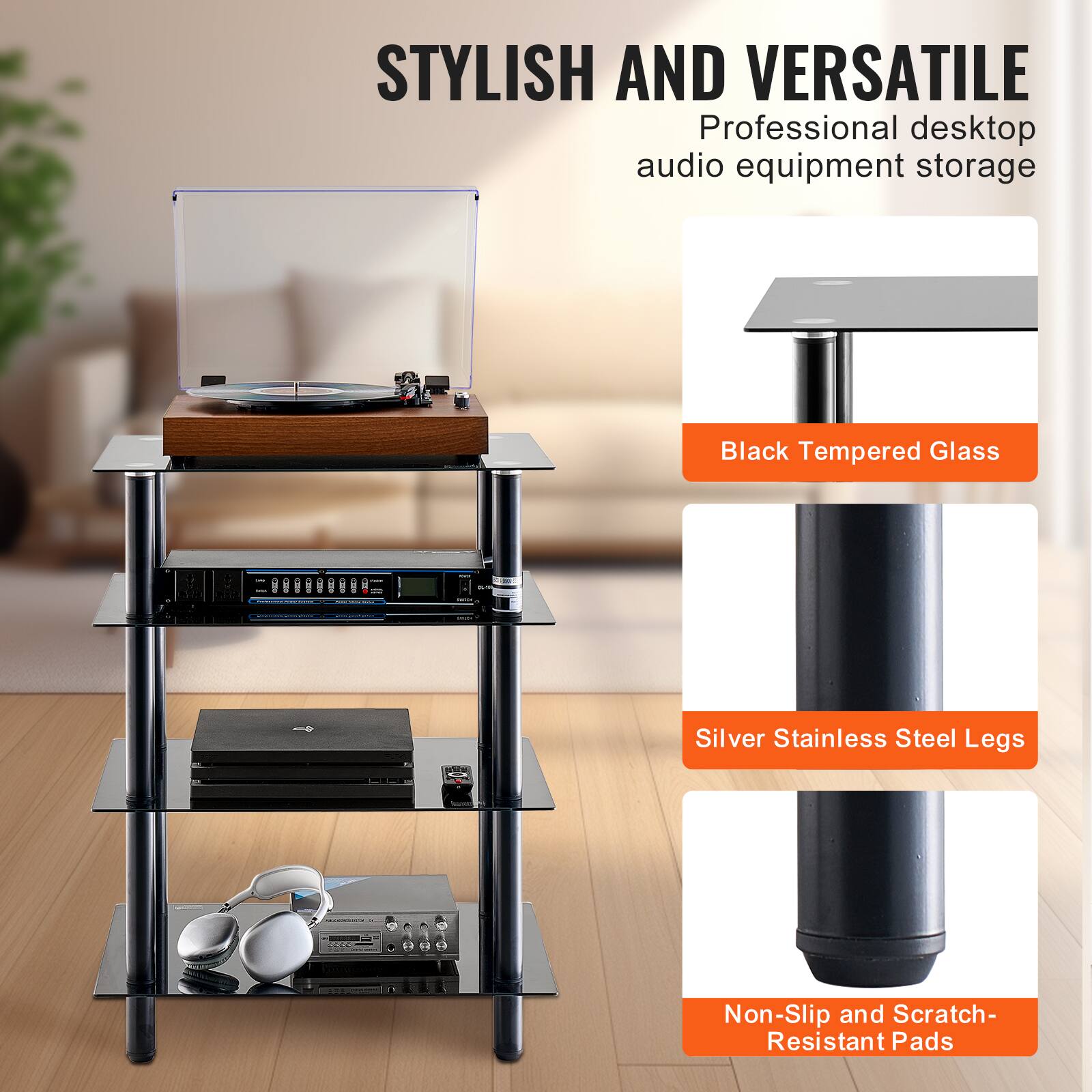 STYLISH AND VERSATILE  
Professional desktop audio equipment storage  

- Black Tempered Glass  
- Silver Stainless Steel Legs  
- Non-Slip and Scratch-Resistant Pads