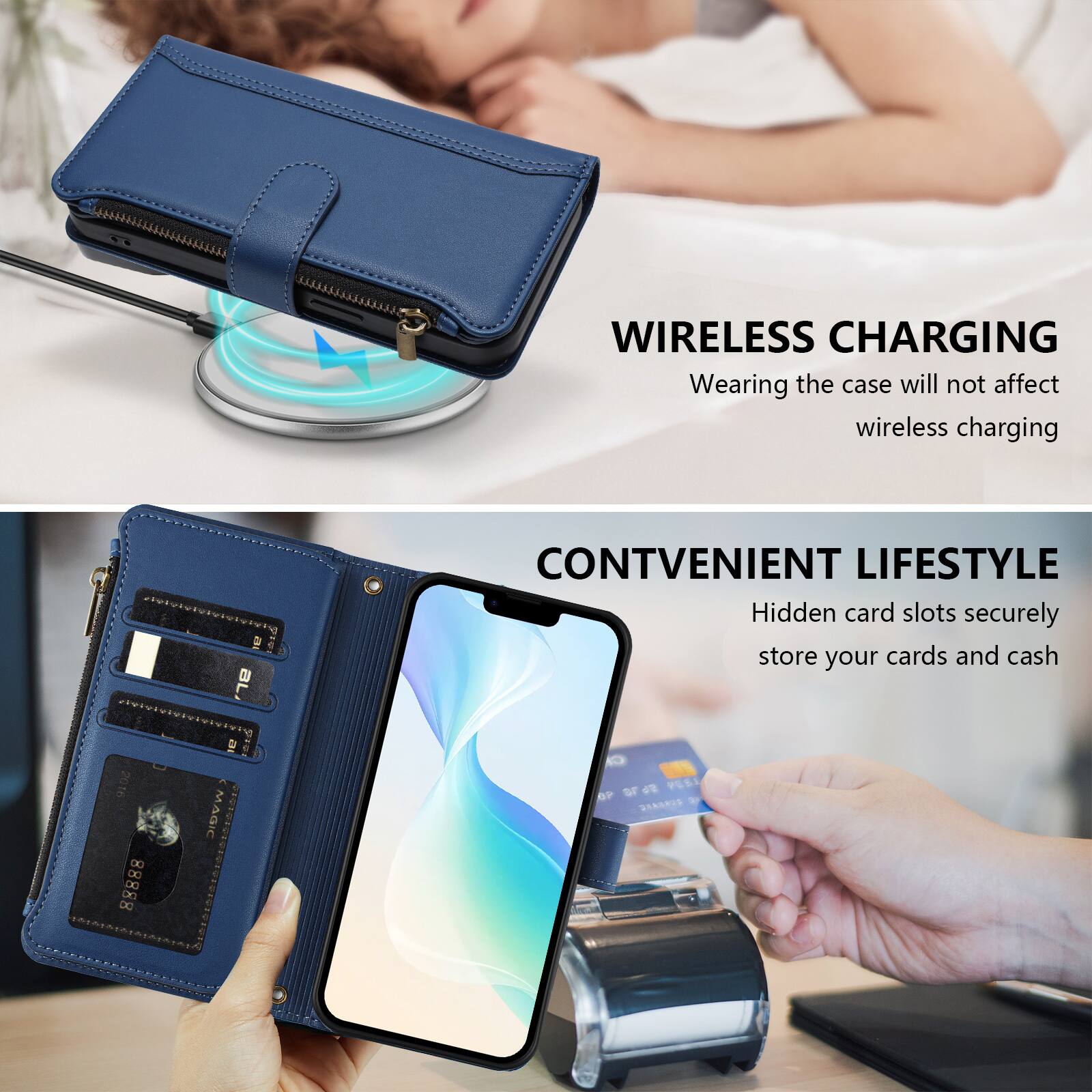 CJ

WIRELESS CHARGING
Wearing the case will not affect wireless charging

2016 88888

CONVENIENT LIFESTYLE
Hidden card slots securely store your cards and cash