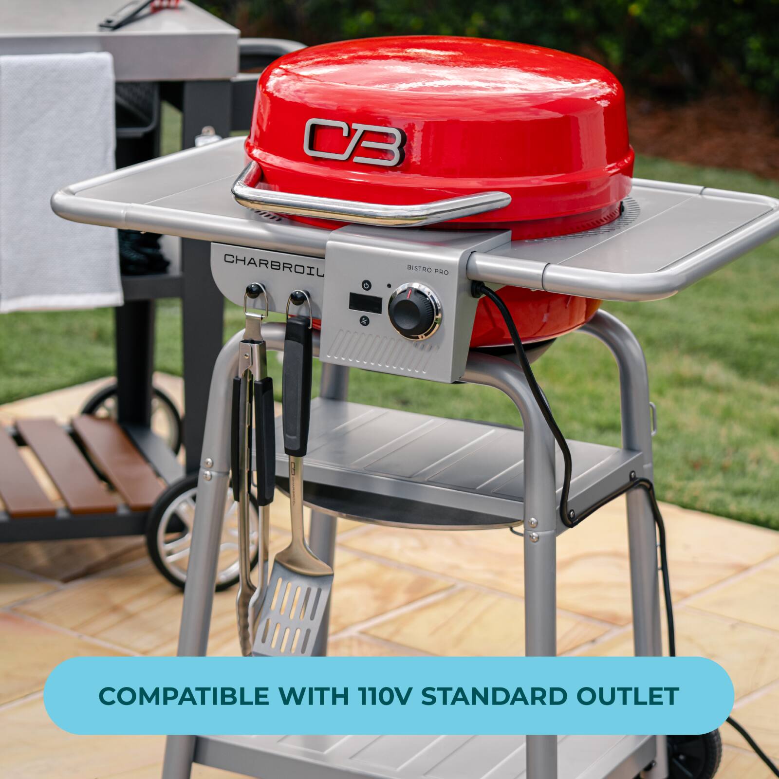 The text on the image reads "CB Charbroil O Bistro Puo & Compatible with 110V Standard Outlet."