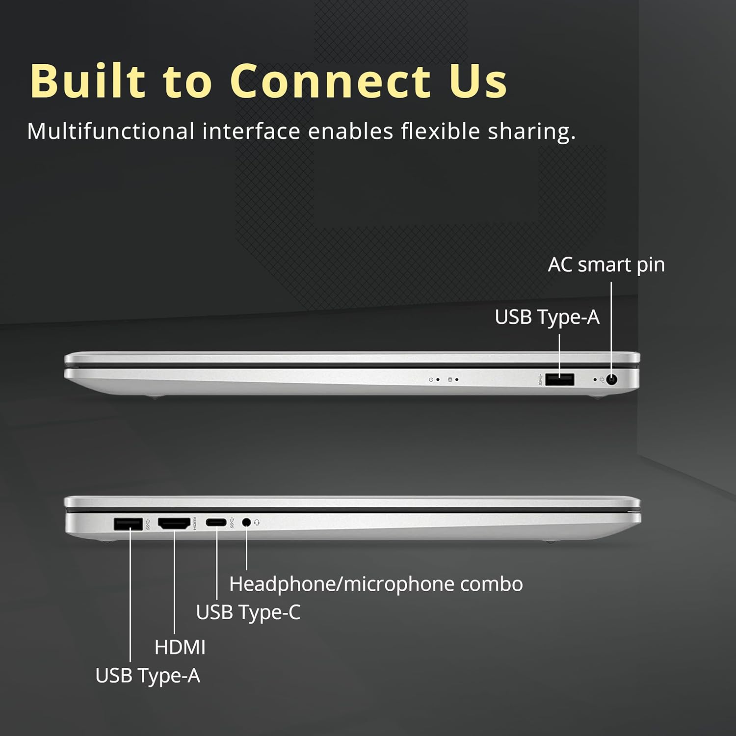 Built to Connect Us  
Multifunctional interface enables flexible sharing.

- AC smart pin
- USB Type-A
- Headphone/microphone combo
- USB Type-C
- HDMI
- USB Type-A