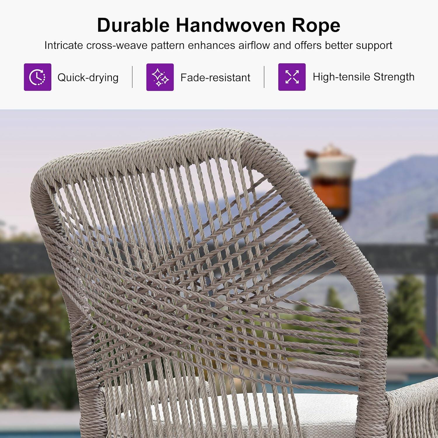 Durable Handwoven Rope  
Intricate cross-weave pattern enhances airflow and offers better support  

- Quick-drying  
- Fade-resistant  
- High-tensile Strength