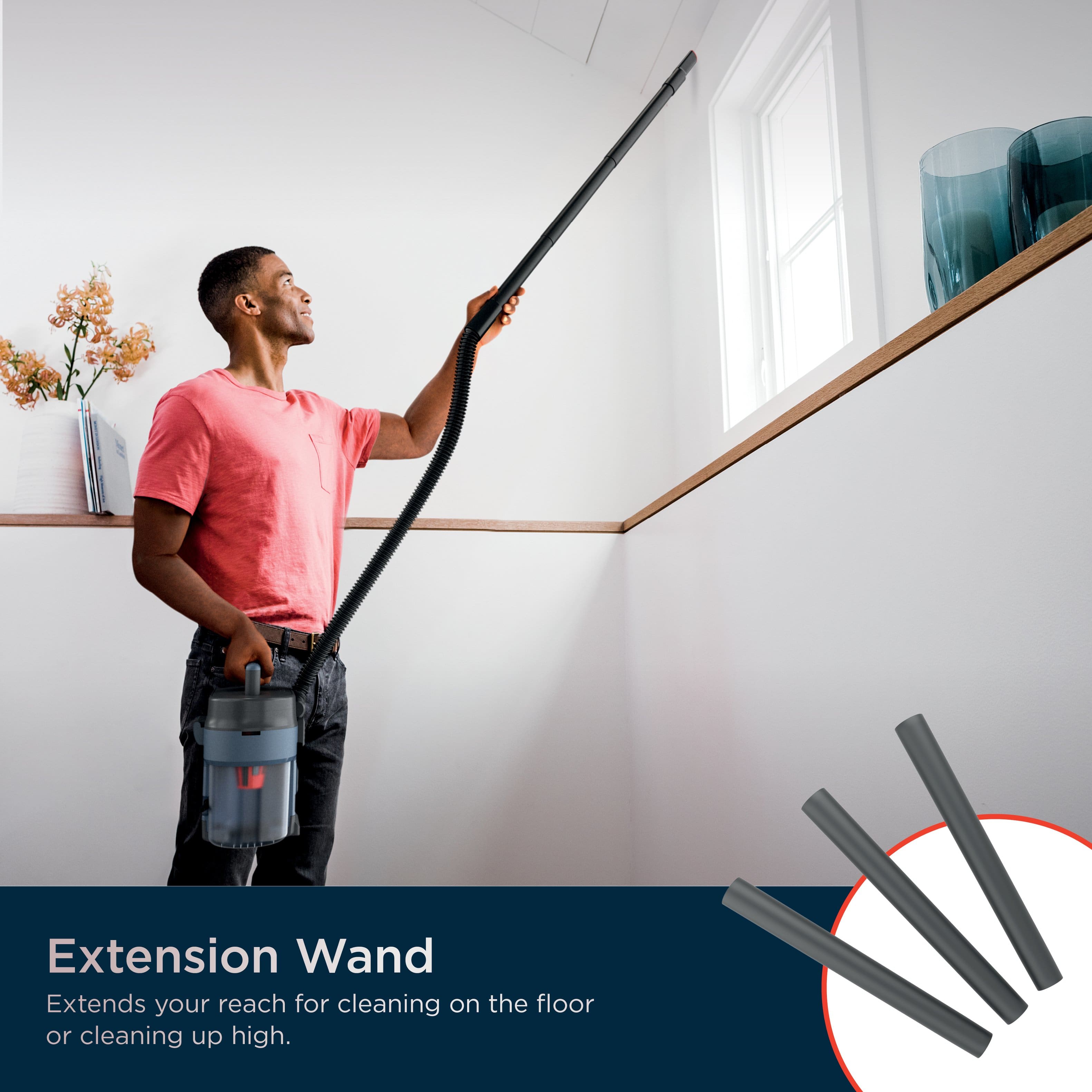 The text on the image reads: "Extension Wand Extends your reach for cleaning on the floor or cleaning up high."