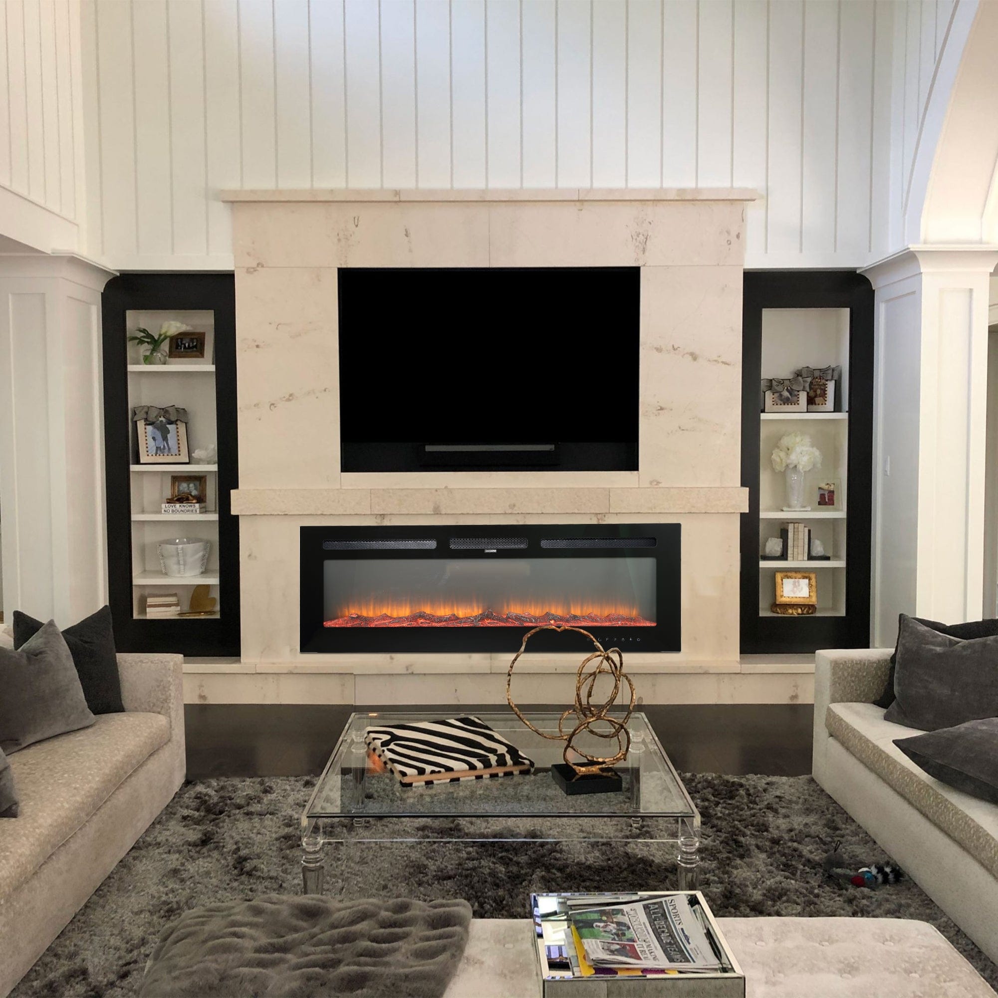 Front. Boyel Living - 50 in. Wall Mounted Recessed Electric Fireplace with Logs and Crystals - Black.