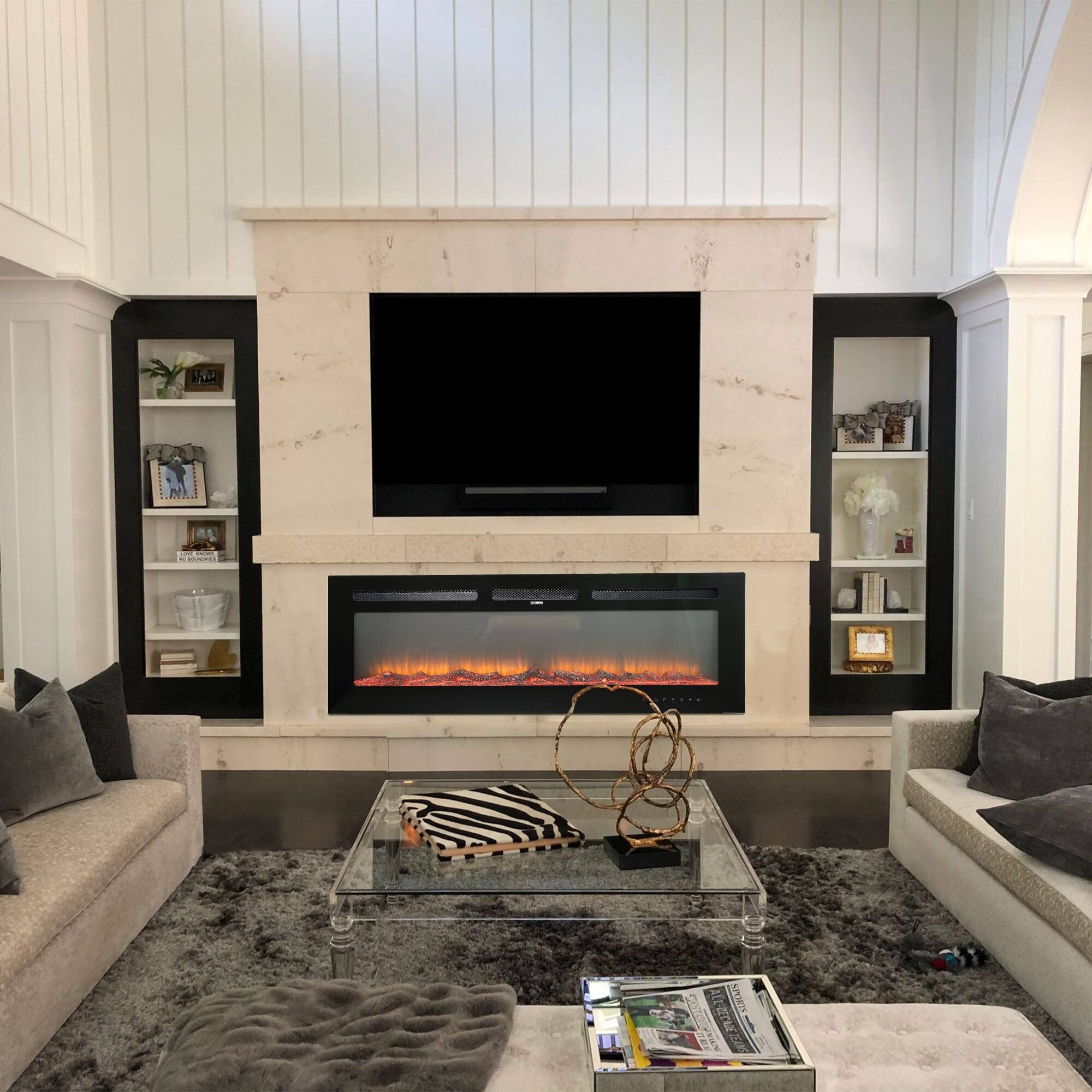 Front. Boyel Living - 50 in. Wall Mounted Recessed Electric Fireplace with Logs and Crystals - Black.