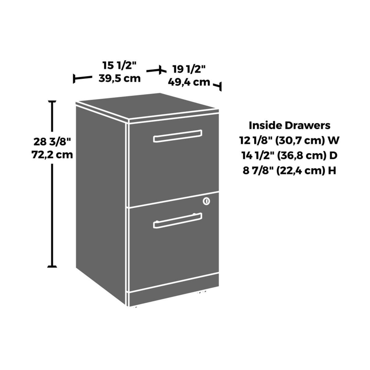15 1/2" 39,5 cm  
19 1/2" 49,4 cm  
28 3/8" 72,2 cm  

Inside Drawers  
12 1/8" (30,7 cm) W  
14 1/2" (36,8 cm) D  
8 7/8" (22,4 cm) H