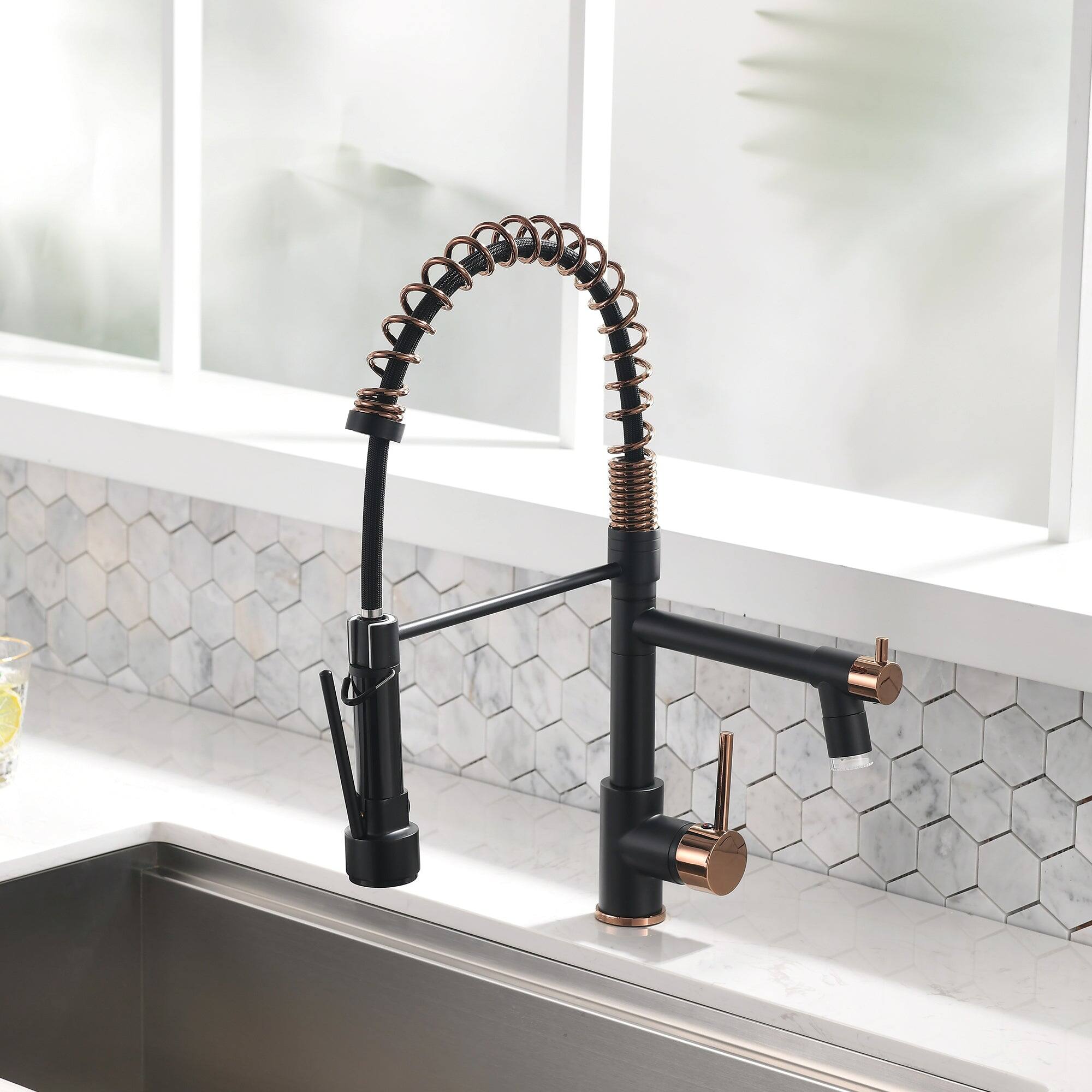 Left. Boyel Living - Matte Black Rose Gold Single Handle Pull Down Sprayer Kitchen Faucet with LED Light and Pot Filler - Matte Black Mix Rose Gold.