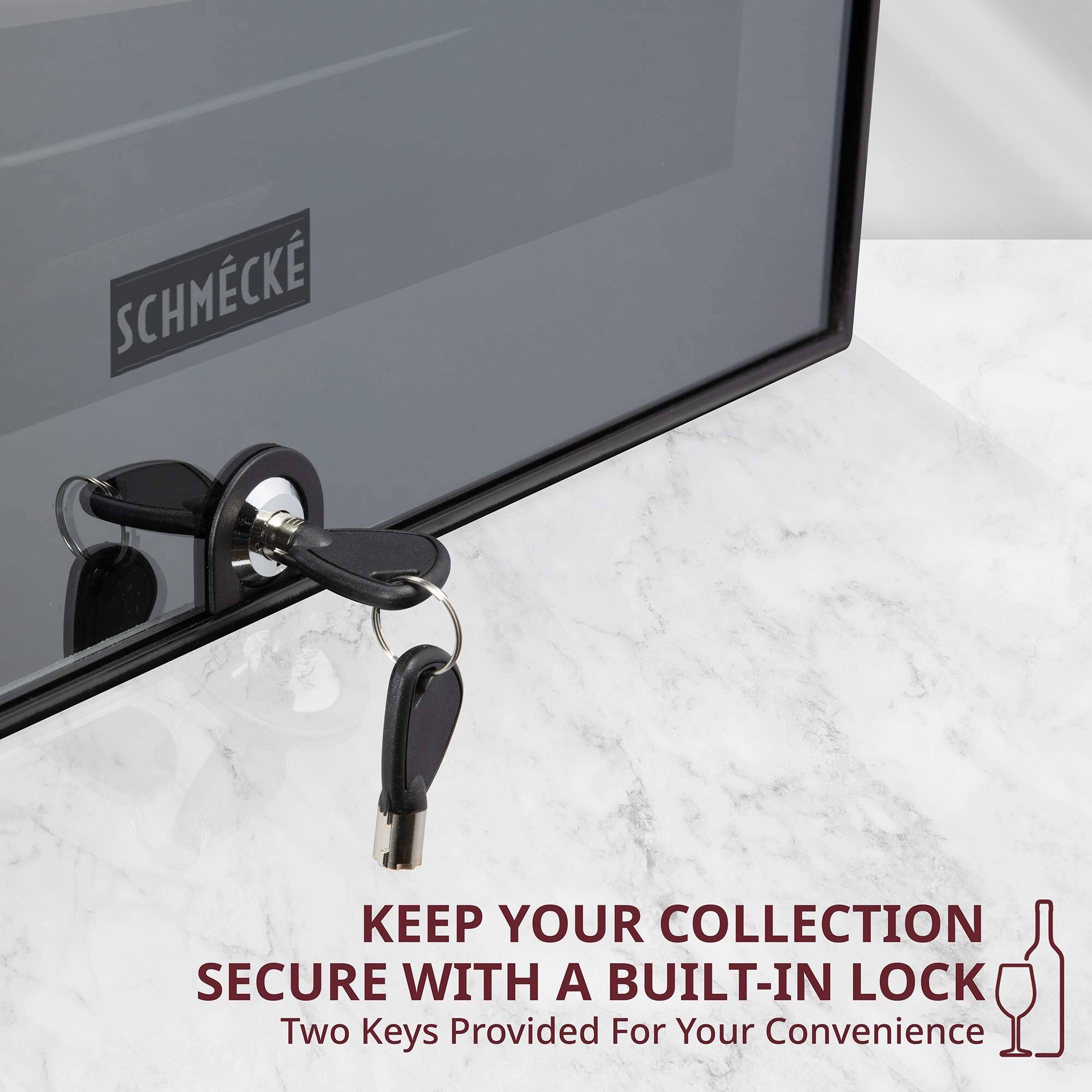 Sure, here is the corrected and grouped text:

---

**SCHMÉCKÉ**

**KEEP YOUR COLLECTION SECURE WITH A BUILT-IN LOCK**

Two Keys Provided For Your Convenience

---