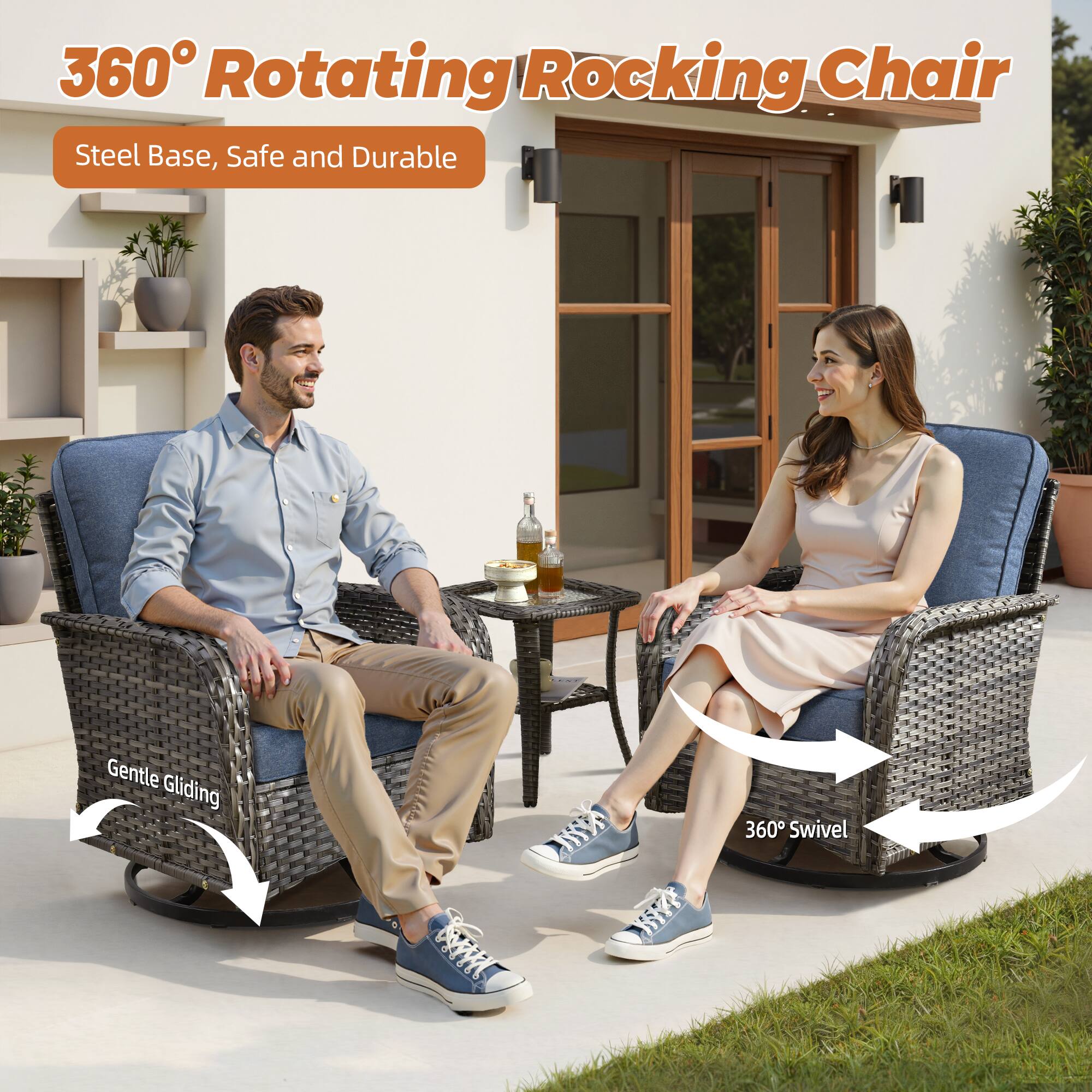 360° Rotating Rocking Chair  
Steel Base, Safe and Durable  

Gentle Gliding  
360° Swivel
