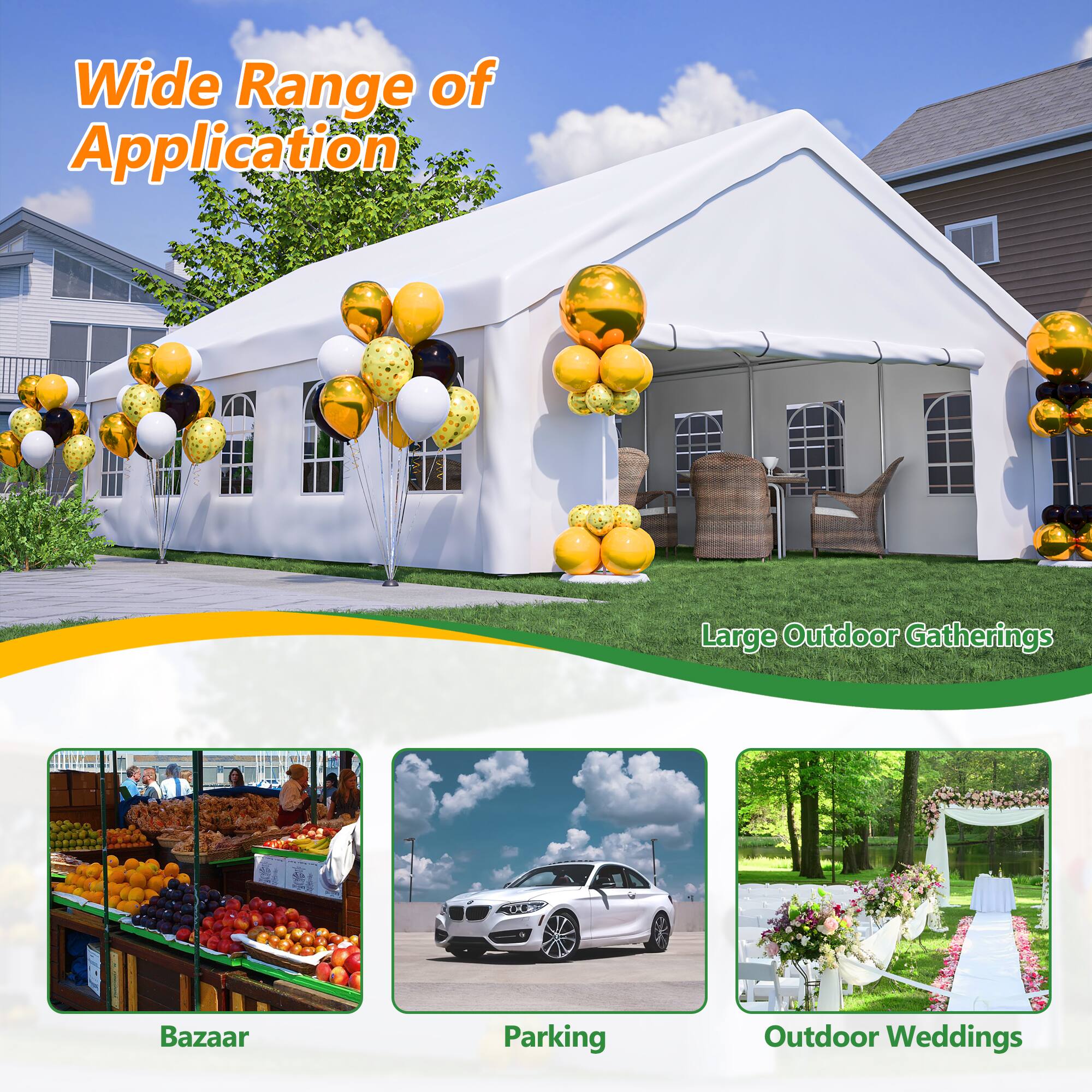 Wide Range of Application

Large Outdoor Gatherings

Bazaar  
Parking  
Outdoor Weddings