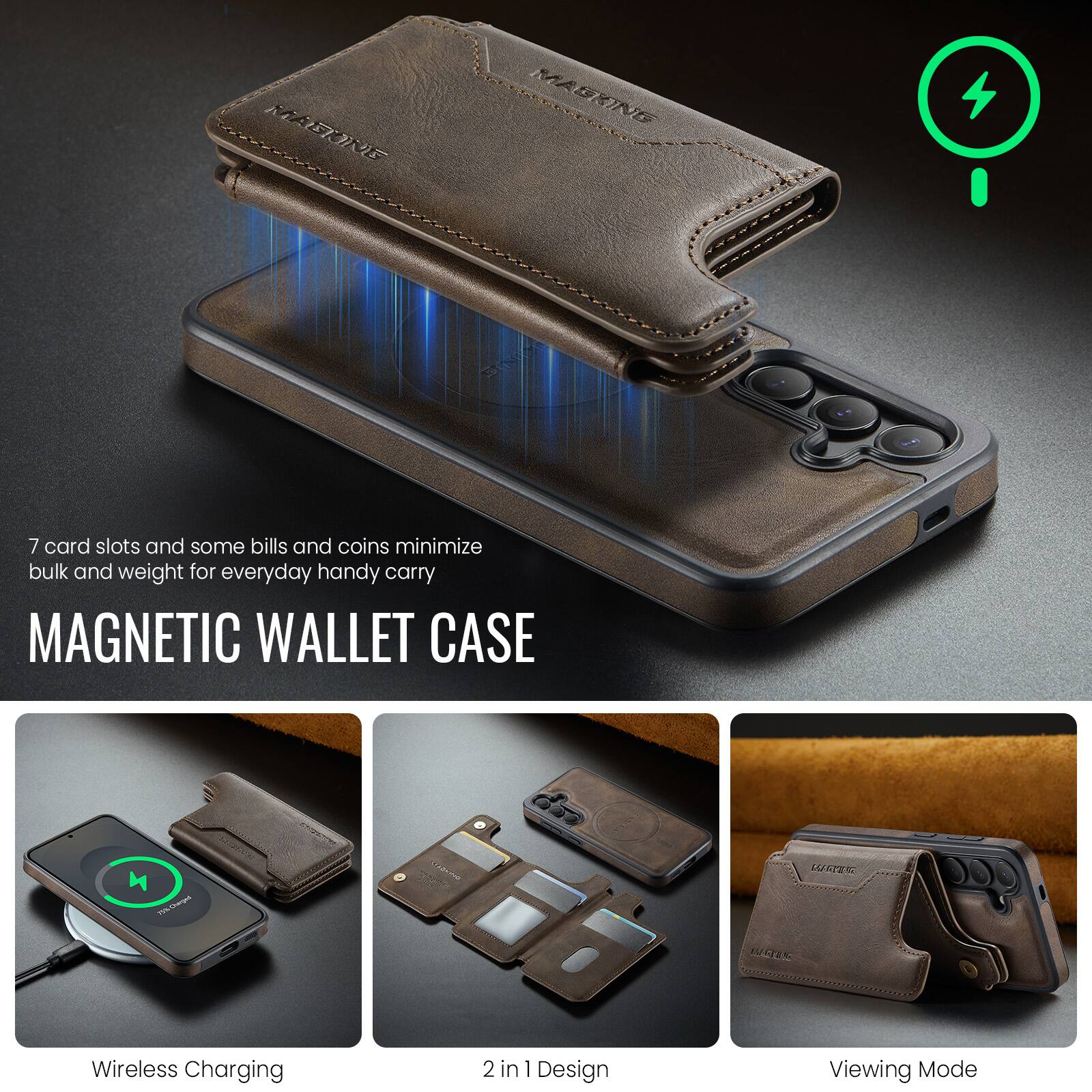 MADNE MAGRING 7 card slots and some bills and coins minimize bulk and weight for everyday handy carry MAGNETIC WALLET CASE 1epl  AUETEC O Wireless Charging 2 in 1 Design Viewing Mode
