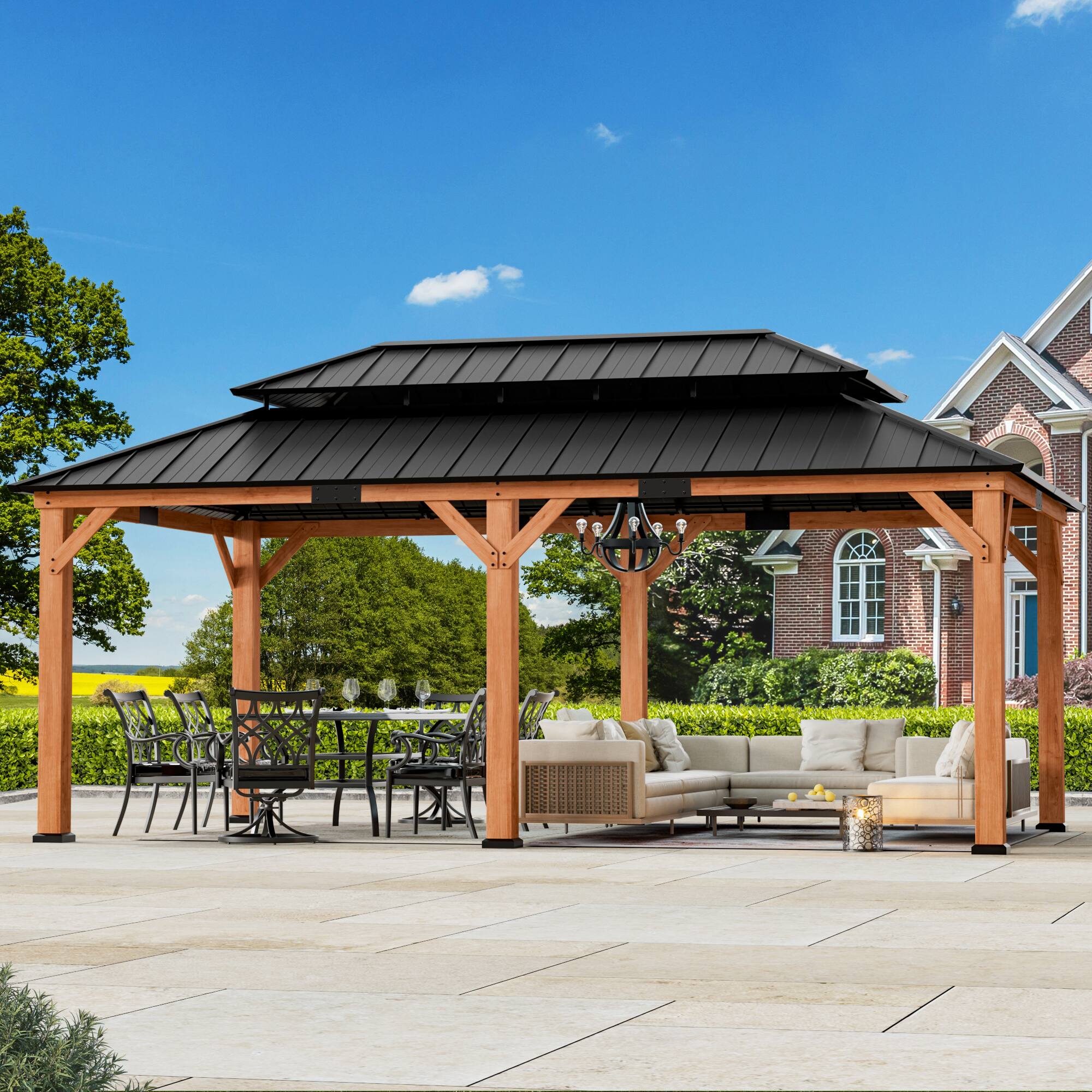 Front. Modern Shade Outdoor Living Spaces - Modern Shade 12'x20' Cedar Wood Gazebo Wooden Hardtop Gazebos W/ Dual Metal Roof.